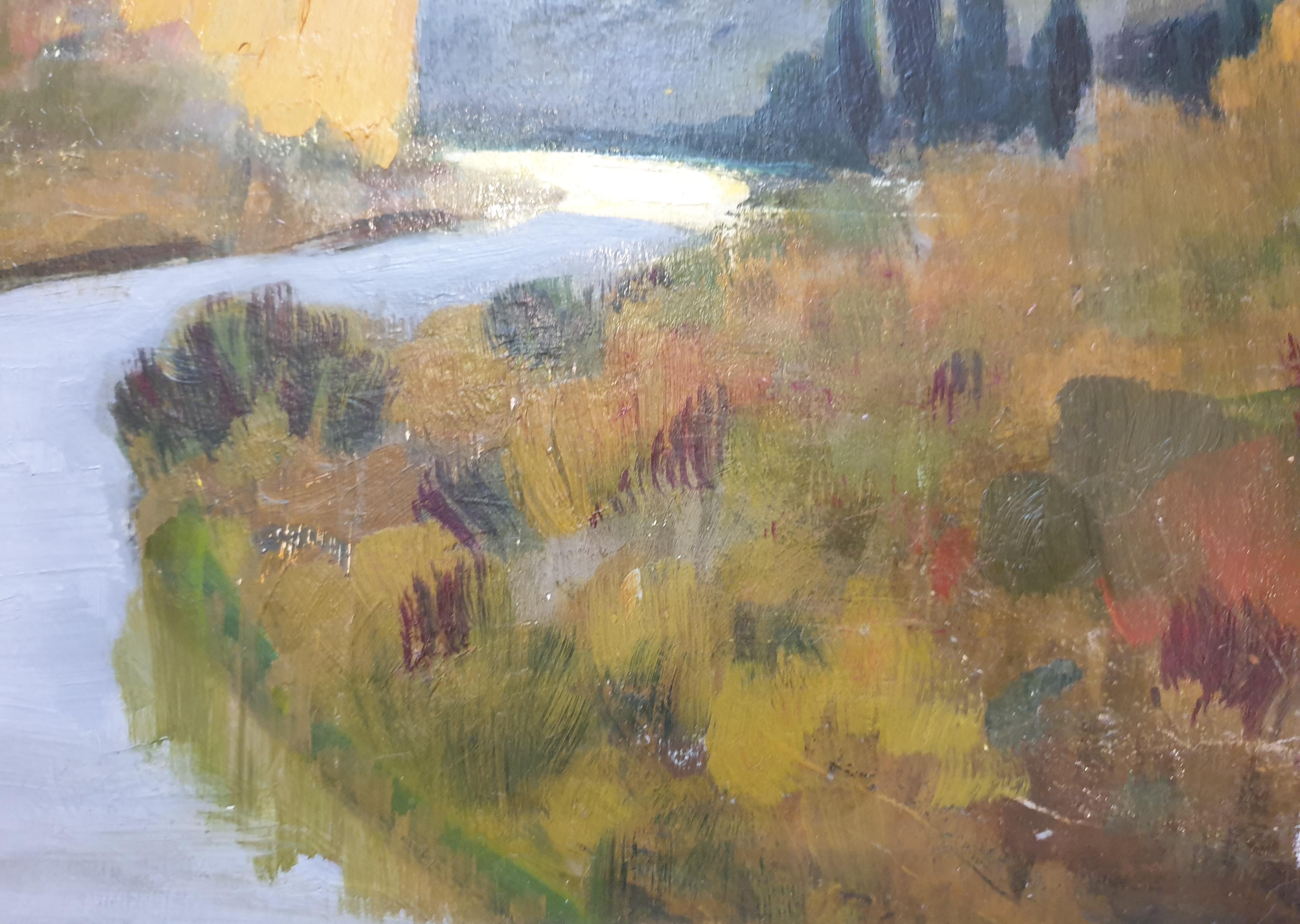 La Routo Bagnado, The Meandering River. - Gray Landscape Painting by Jean Pellegrin 