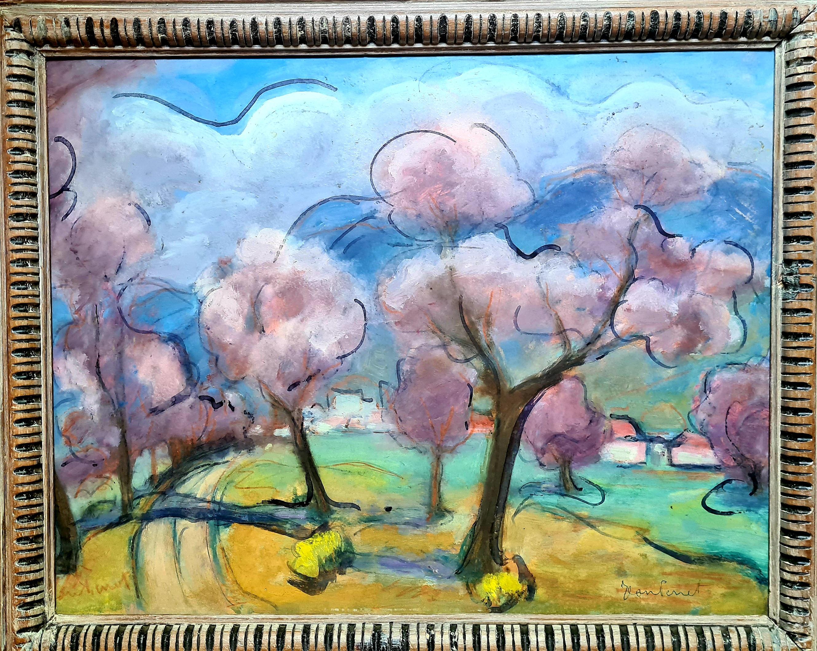 Cherry Blossom, Fauvist Landscape Painting, Signed Gouache on Card, Mid-Century