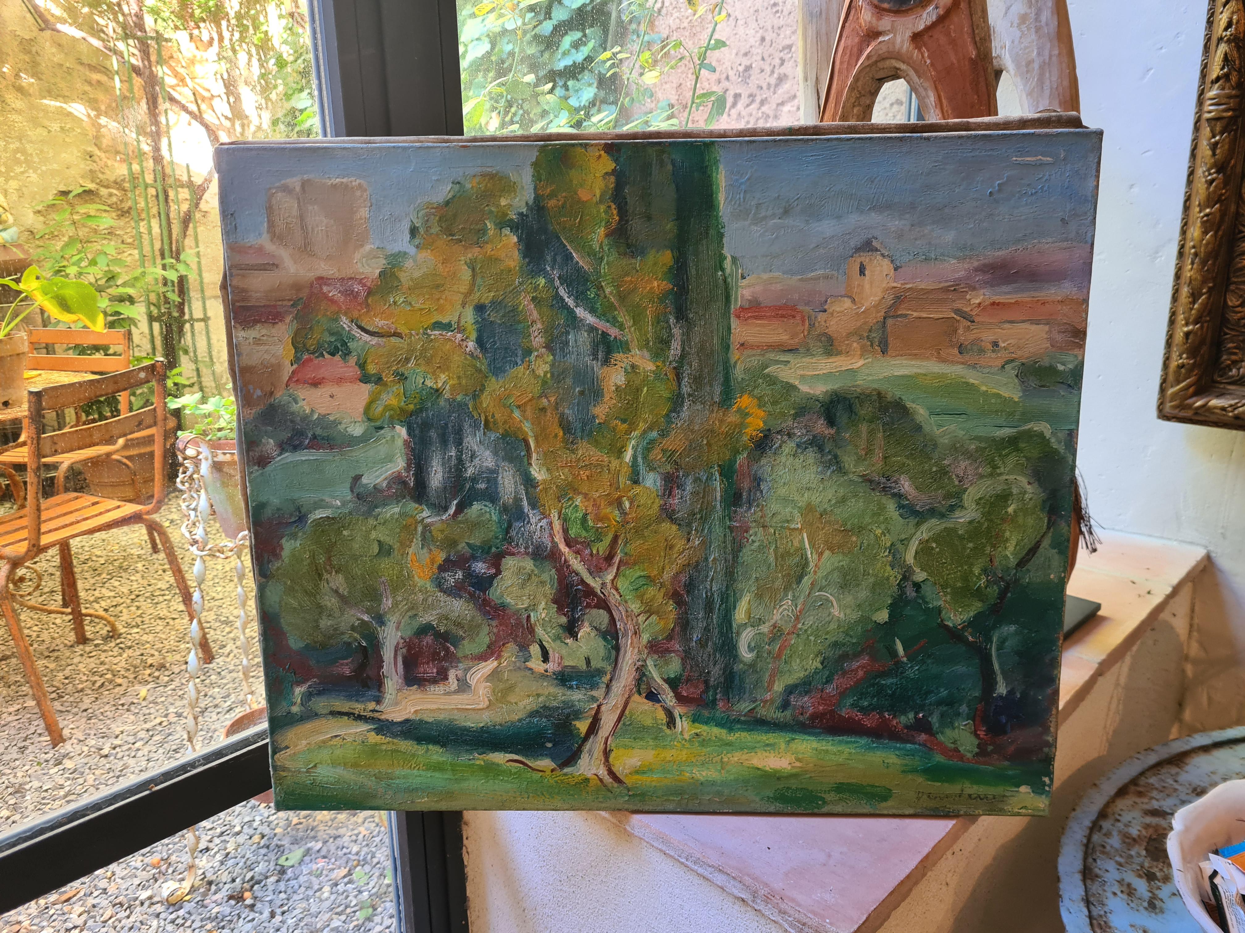 Fauvistische französische Landschaft, Mitte des Jahrhunderts Öl auf Leinwand im Angebot 5