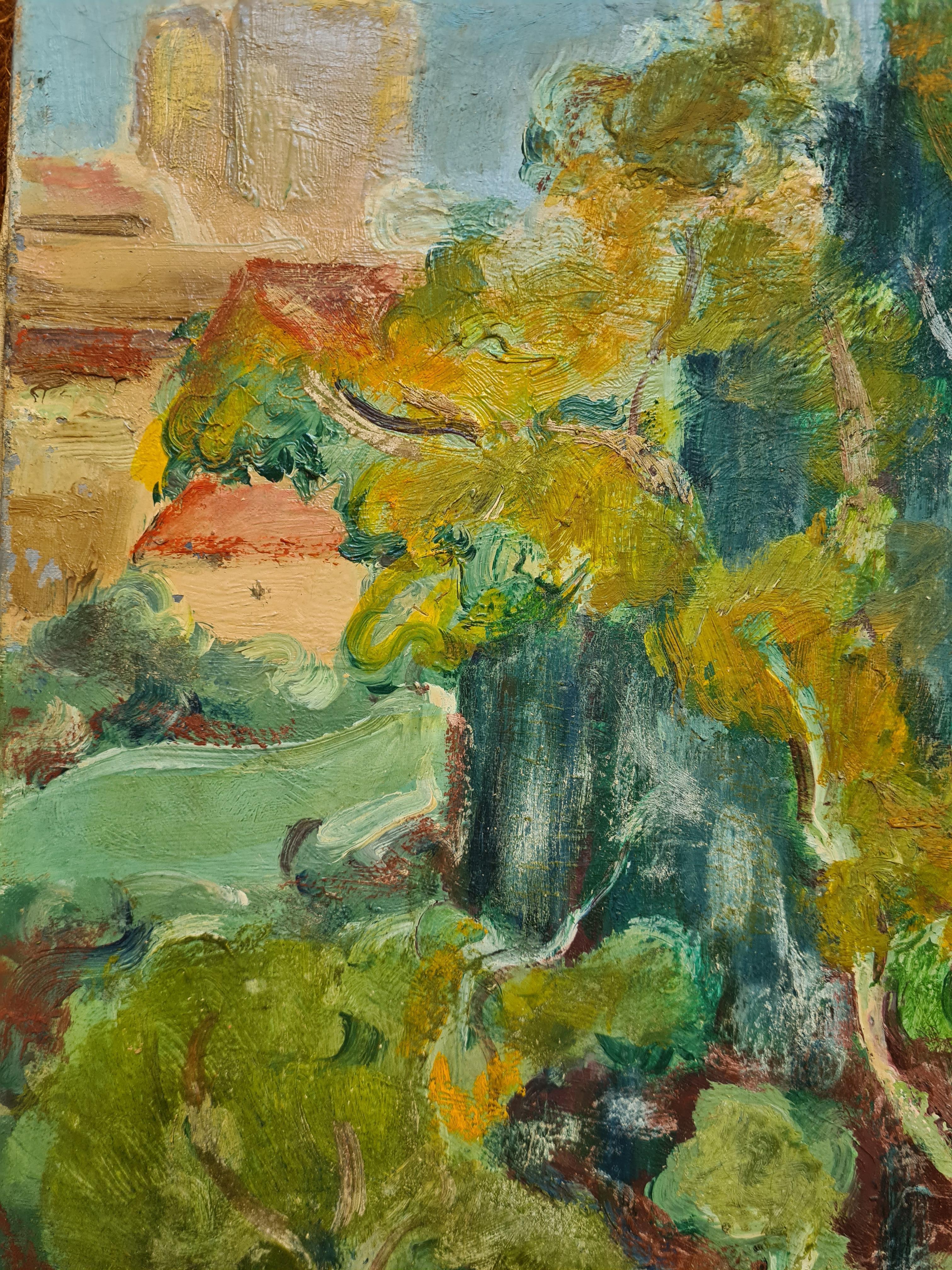 Fauvistische französische Landschaft, Mitte des Jahrhunderts Öl auf Leinwand (Braun), Landscape Painting, von Jean Perret