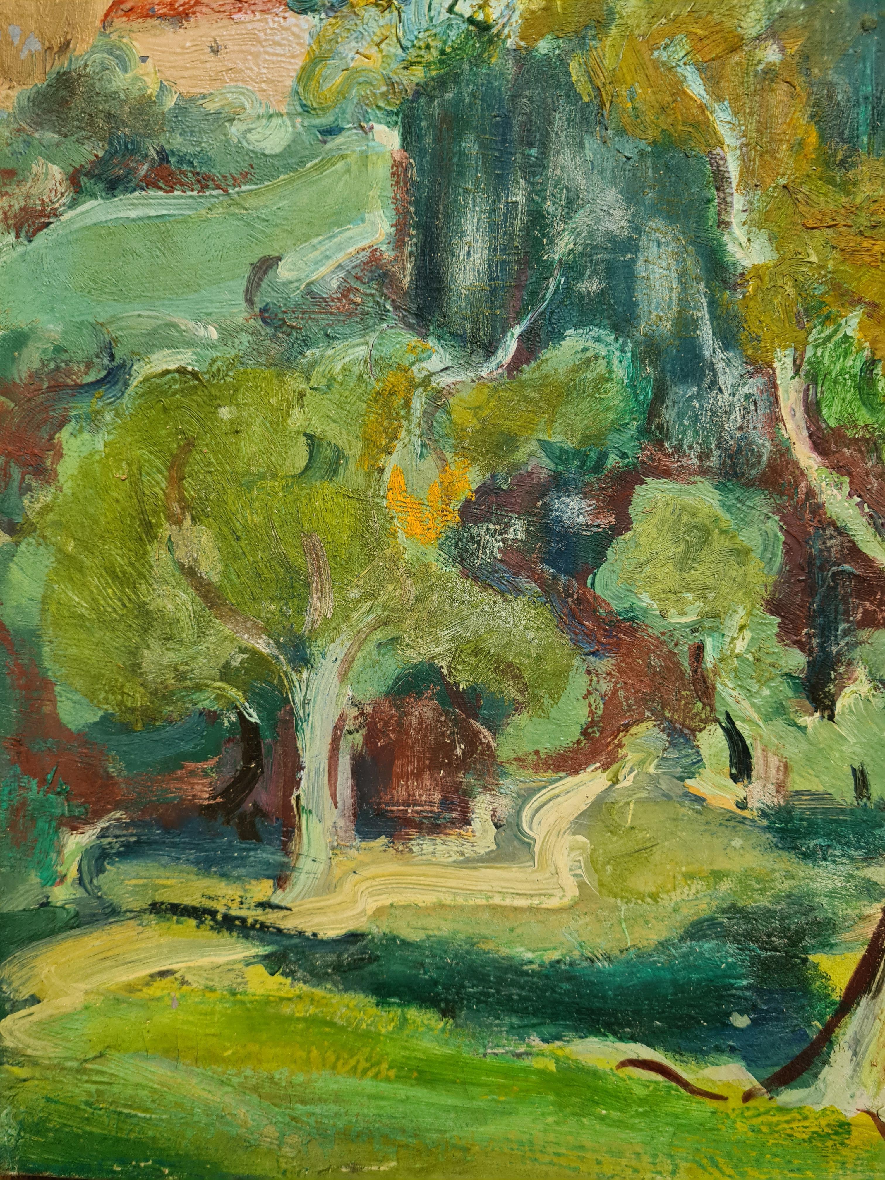 Französisch, Mitte des Jahrhunderts Öl auf Leinwand Fauvist Landschaft von Jean Perret. Das Gemälde ist unten rechts signiert.

Dieses lebhafte und farbenfrohe Gemälde fängt die heitere Schönheit einer sonnenbeschienenen Landschaft ein. Die