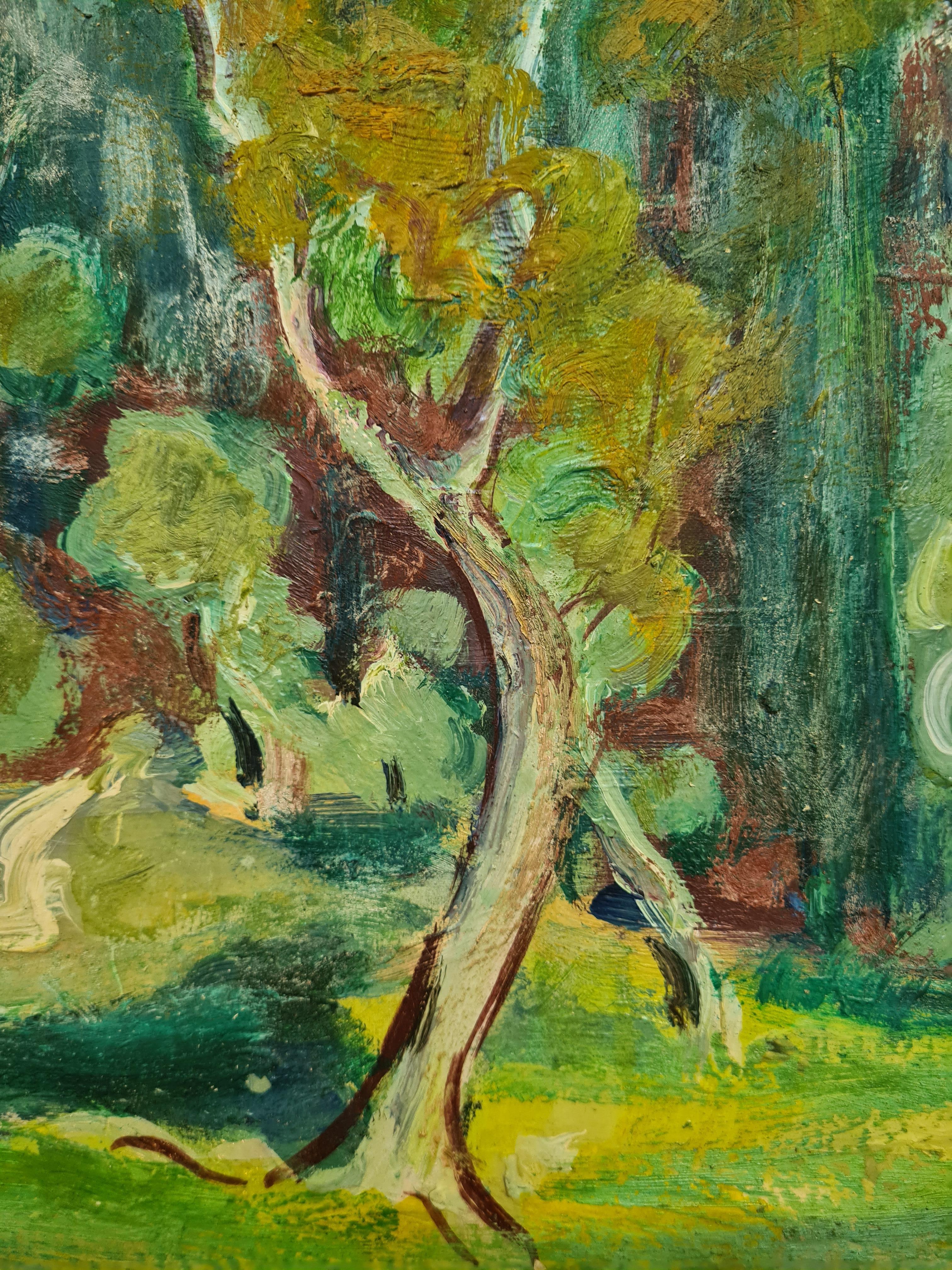 Fauvistische französische Landschaft, Mitte des Jahrhunderts Öl auf Leinwand im Angebot 2