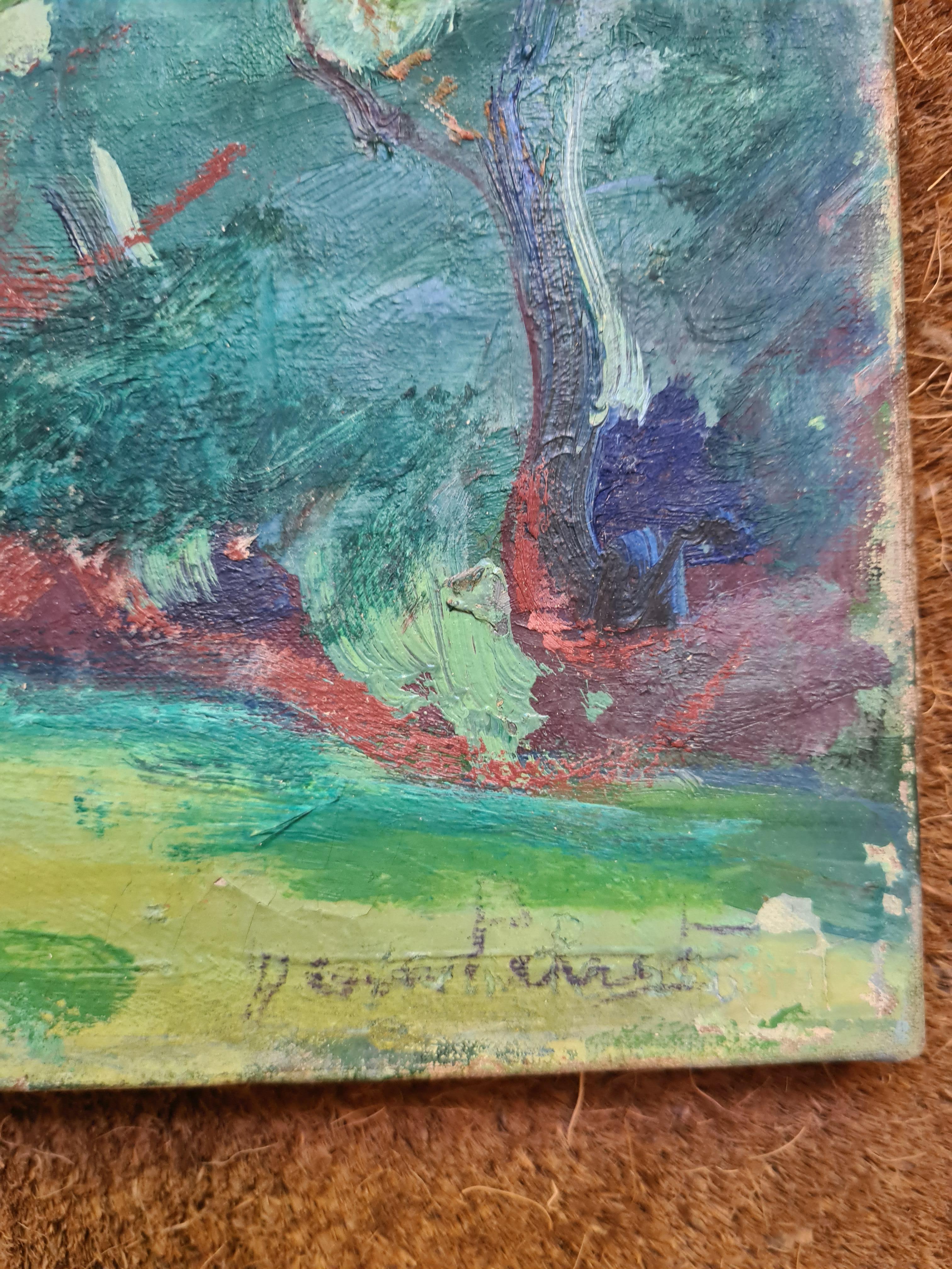 Fauvistische französische Landschaft, Mitte des Jahrhunderts Öl auf Leinwand im Angebot 3