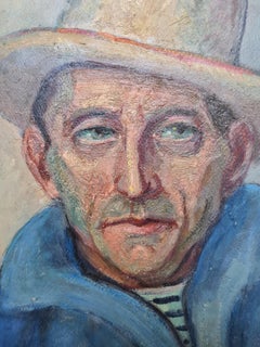 Man in a Hat, Signed Oil Portrait on Board, Mid-Century Modern Art