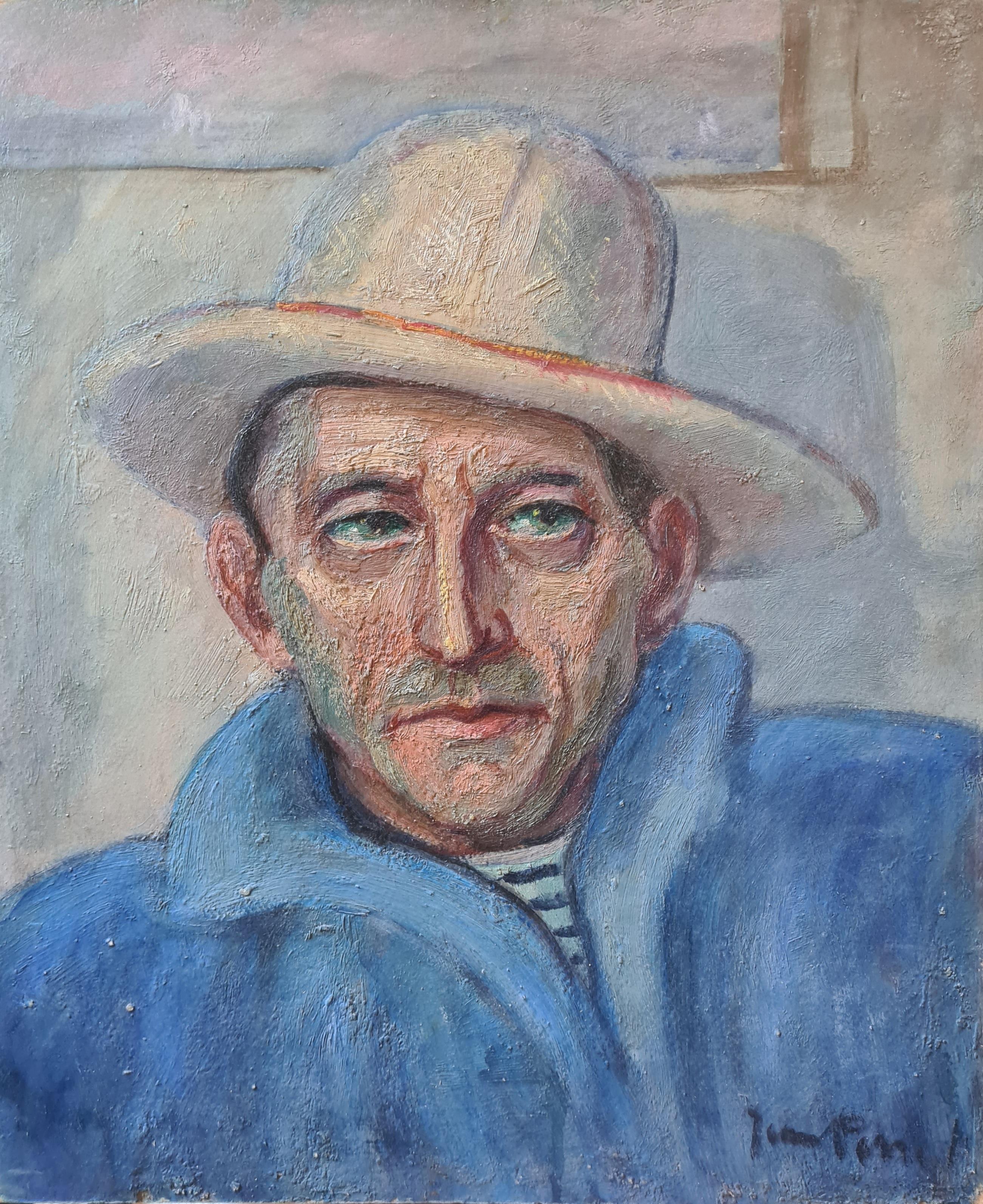 Man in a Hat, Signed Oil Portrait on Board, Mid-Century Modern Art