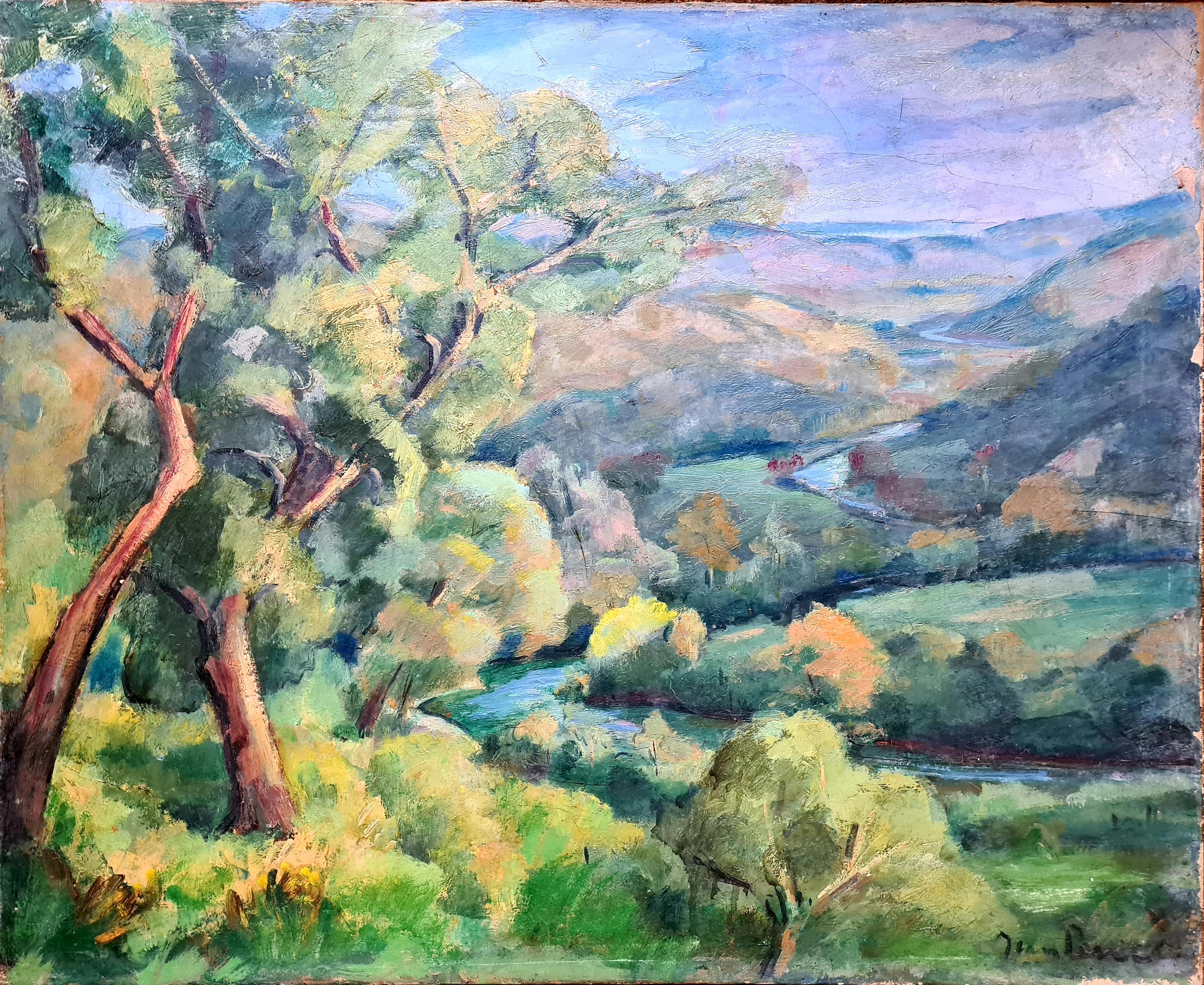 Paysage français post-impressionniste, huile sur toile, école de Cézanne