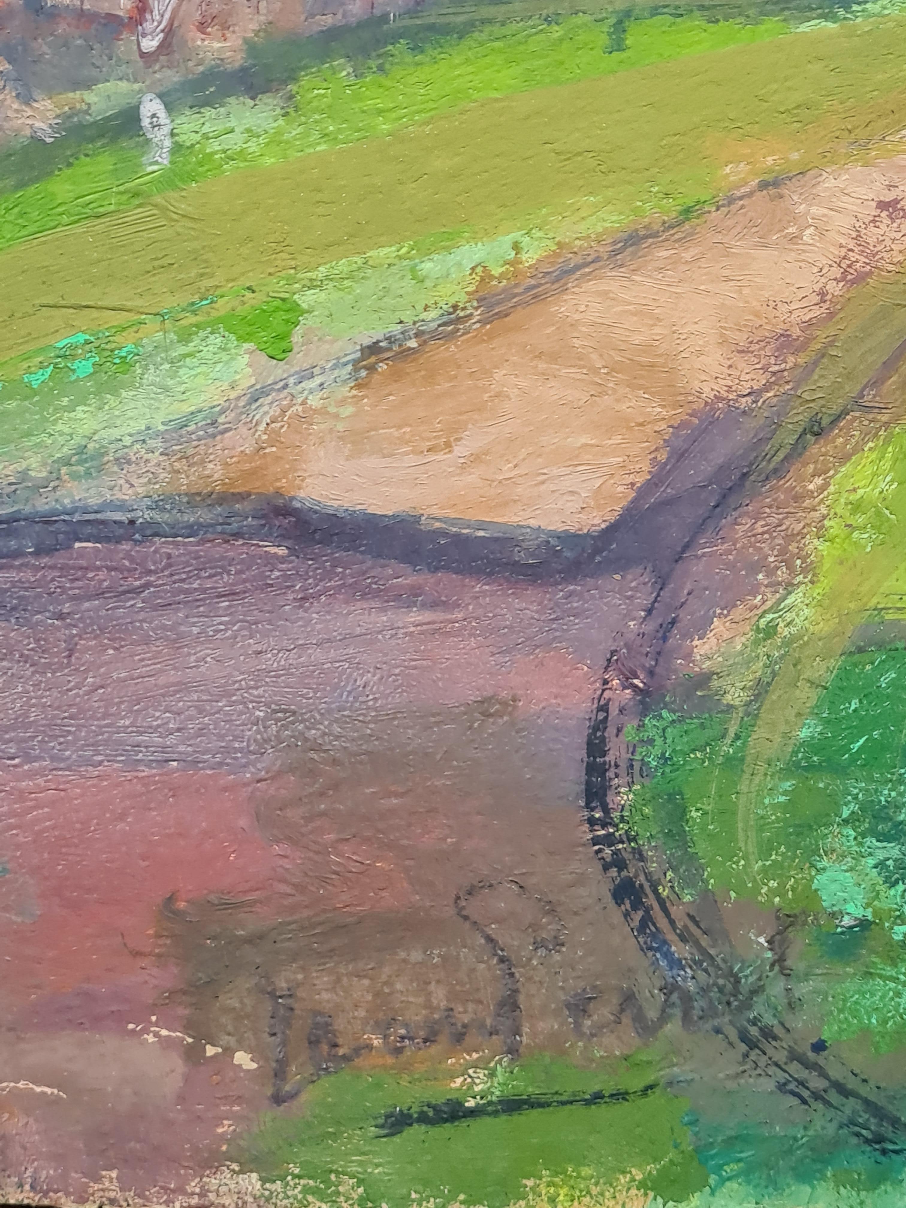 Paysage français post-impressionniste, La fleur, École de Cézanne - Marron Landscape Painting par Jean Perret