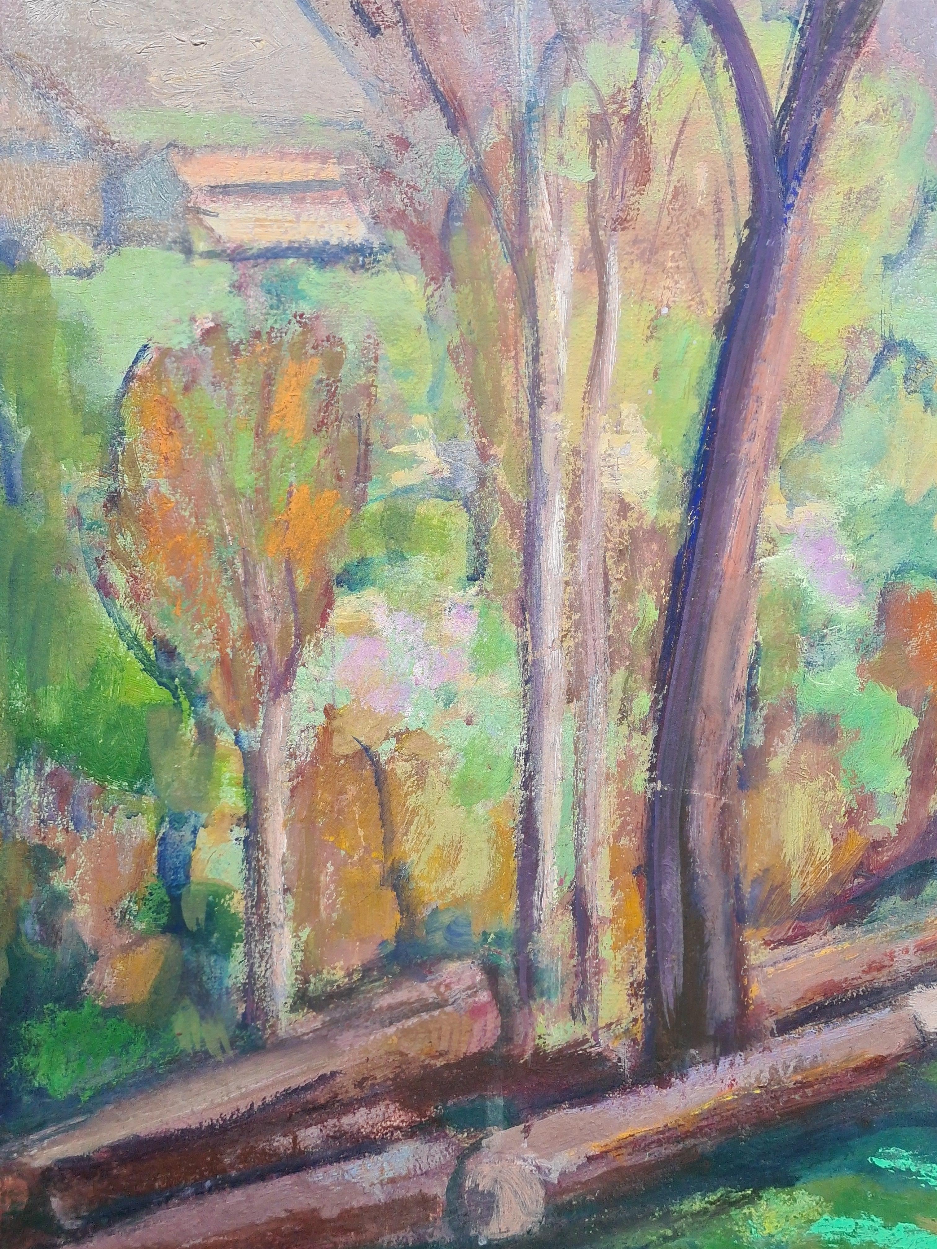 Grande huile sur papier française du milieu du siècle, paysage post-impressionniste fauve avec des arbres en fleurs par Jean Perret. Le tableau est signé en bas et au centre à droite.

Ce charmant tableau capture de manière saisissante un paysage