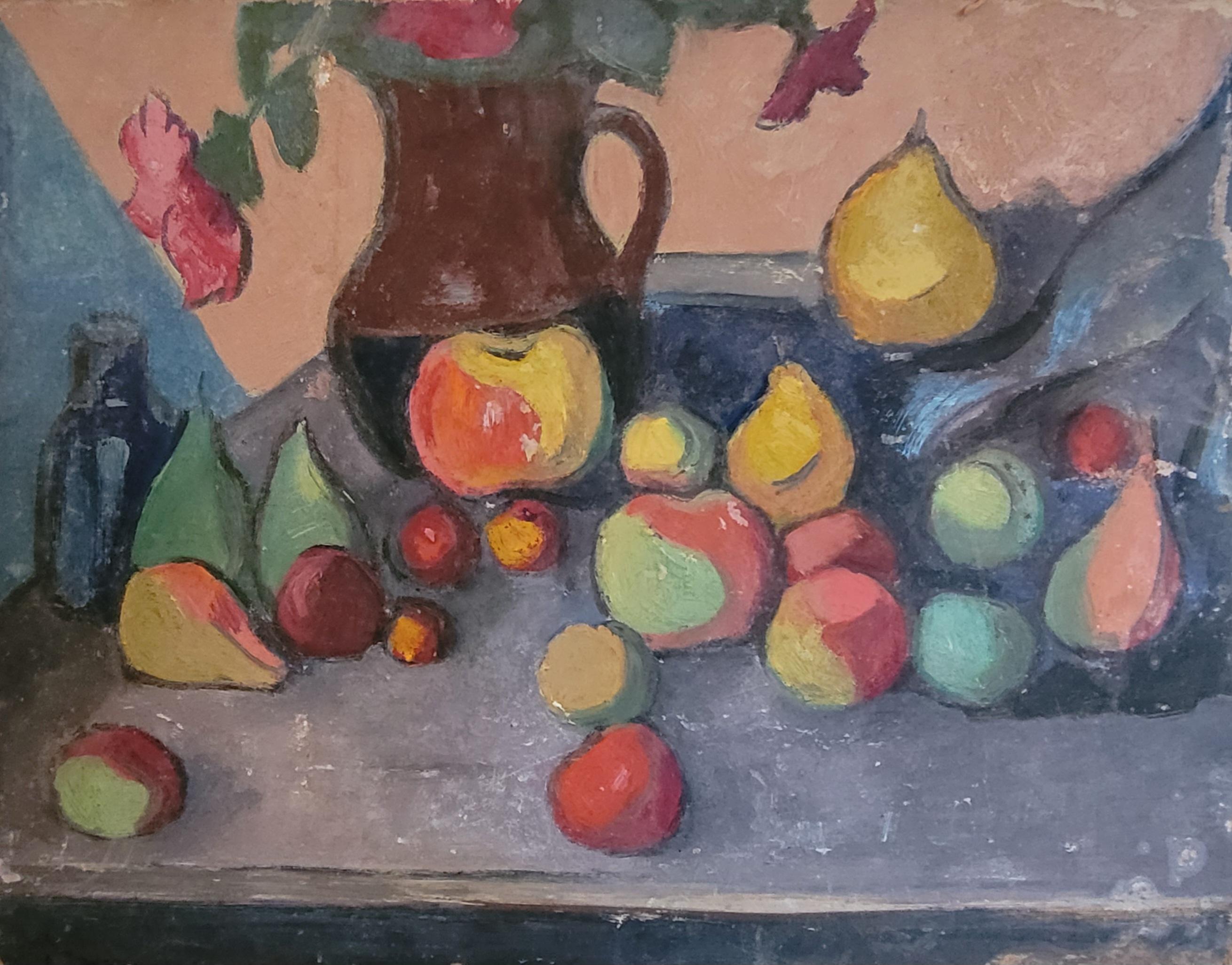 Postimpressionistisches Öl auf Karton. Tischlandschaft Stillleben. Die Schule von Cezanne.