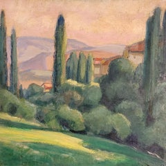 Provençal Hillside Scene with Cypress Trees and Houses. 54.5cm x 65cm. Oil.