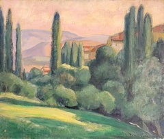 Provençal Hillside Scene with Cypress Trees and Houses. 54.5cm x 65cm. Oil.
