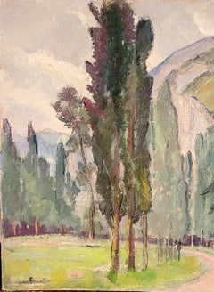 Provençal Landscape with Cypress Trees. Oil on Board. 44cm x 54.5cm.
