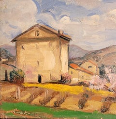 Provençal Landscape with Houses and Cherry Trees. 46cm x 55cm. Oil on Board.