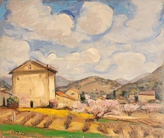 Provençal Landscape with Houses and Cherry Trees. 46cm x 55cm. Oil on Board.