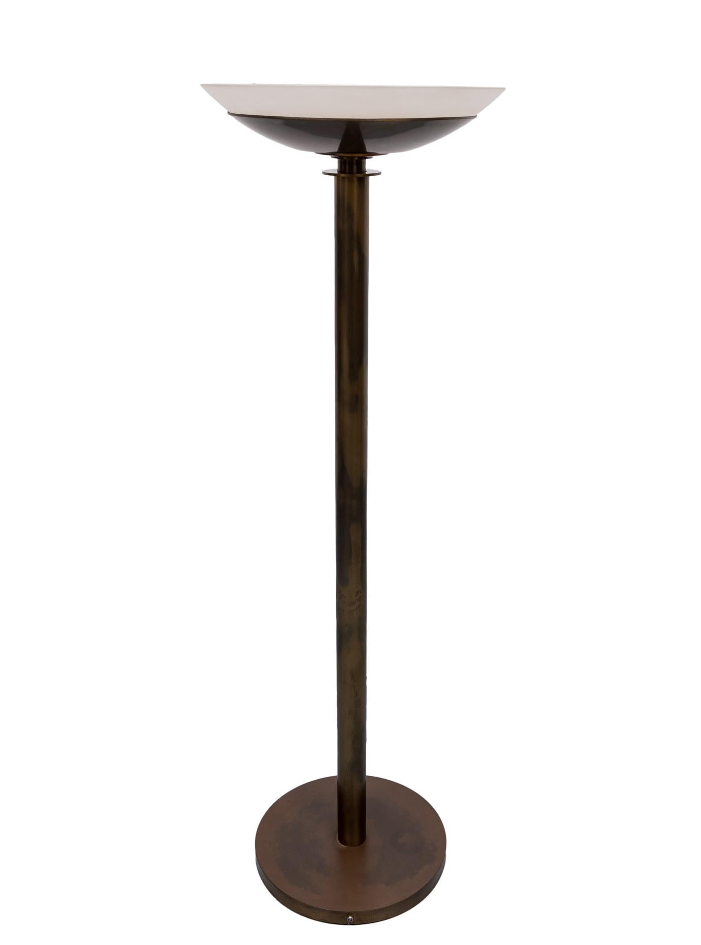 Beautiful early Jean Perzel bronze floor lamp. 1930s original frosted glass shade with a small crack.
see photos. Very rare model. Signed on top of the base. Switch on side of the base.
  