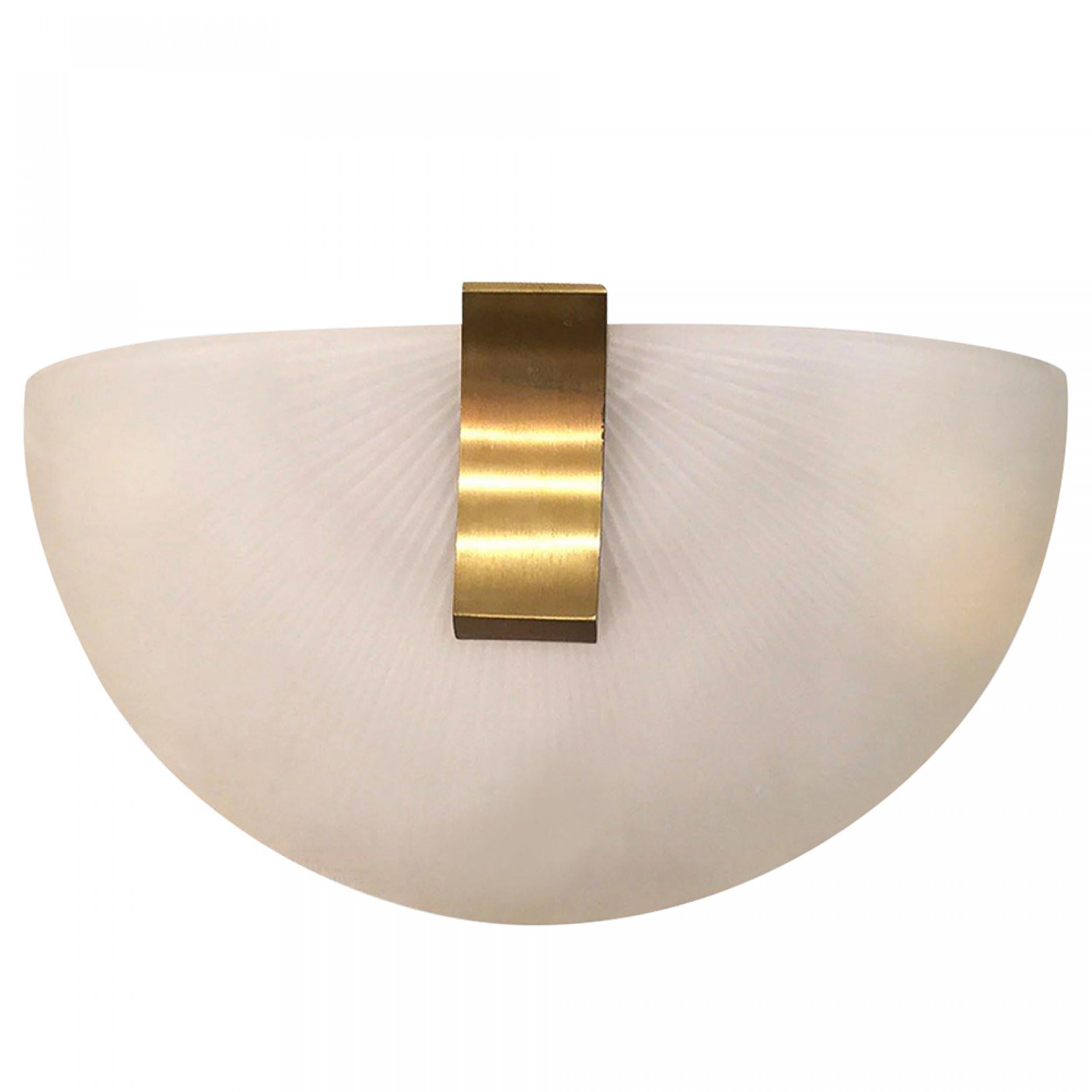 4 French Art Moderne (1950s) wall sconces with white frosted half-round glass shades with a fluted design and a bronze bracket bottom. (signed JEAN PERZEL) (PRICED EACH).