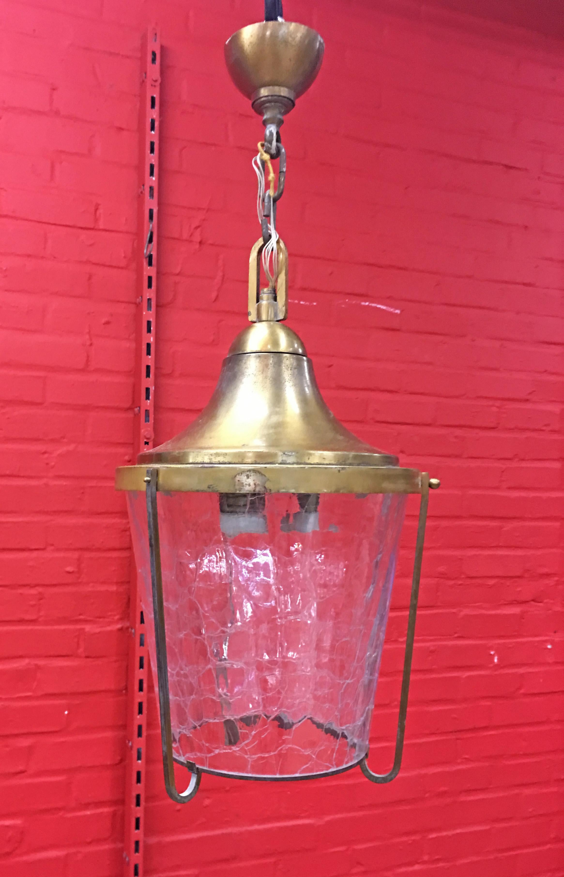 Jean Perzel, Lantern in Brass and Glass, circa 1960 In Fair Condition For Sale In Saint-Ouen, FR