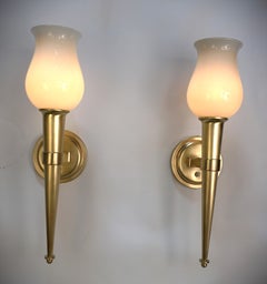 Jean Perzel Pair of Torch bronze and Glass Wall Sconce