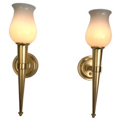Jean Perzel Pair of Torch bronze and Glass Wall Sconce