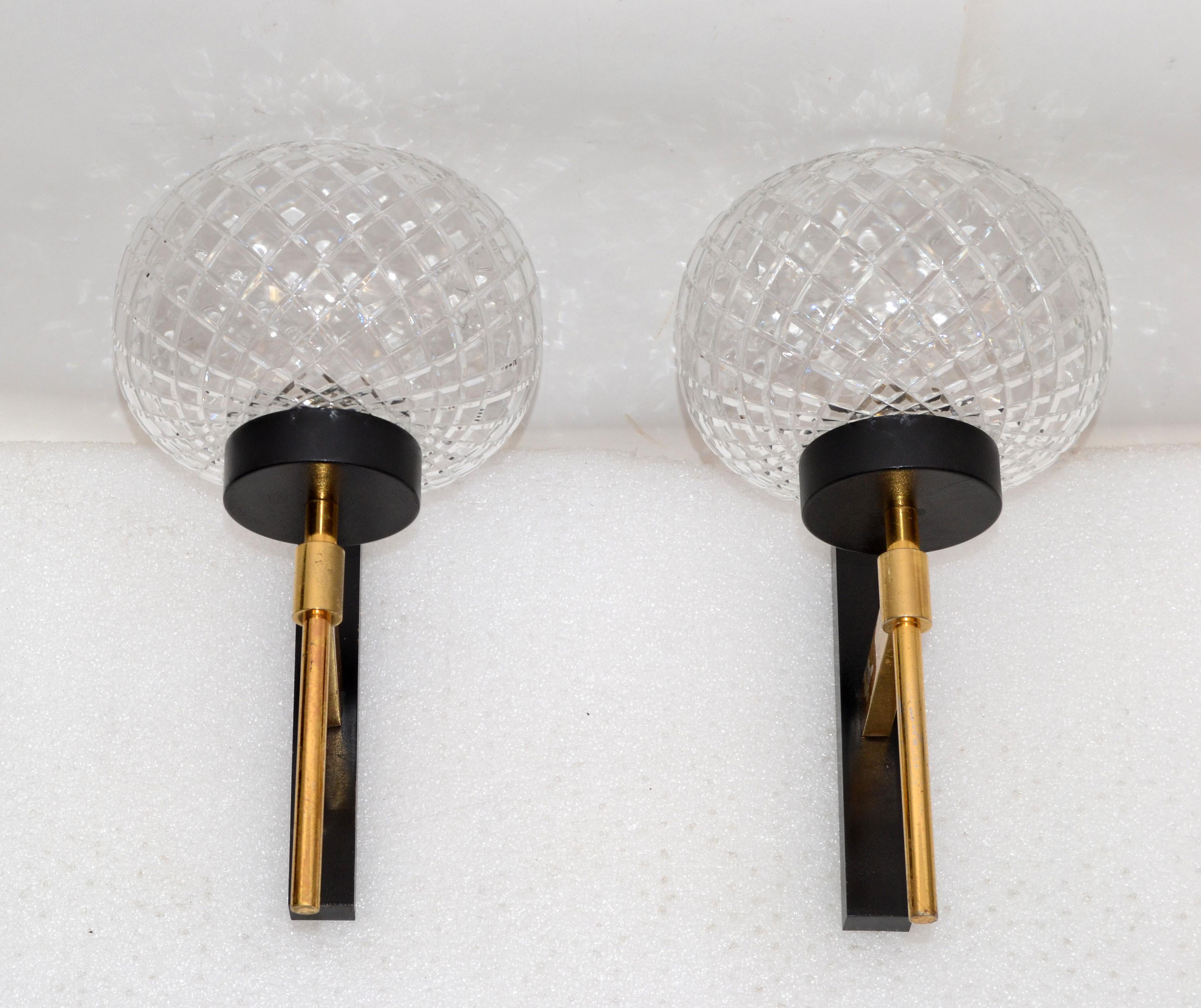 Jean Perzel Style French Sconces Brass and Black Finish Cut Glass Shade, Pair For Sale 6