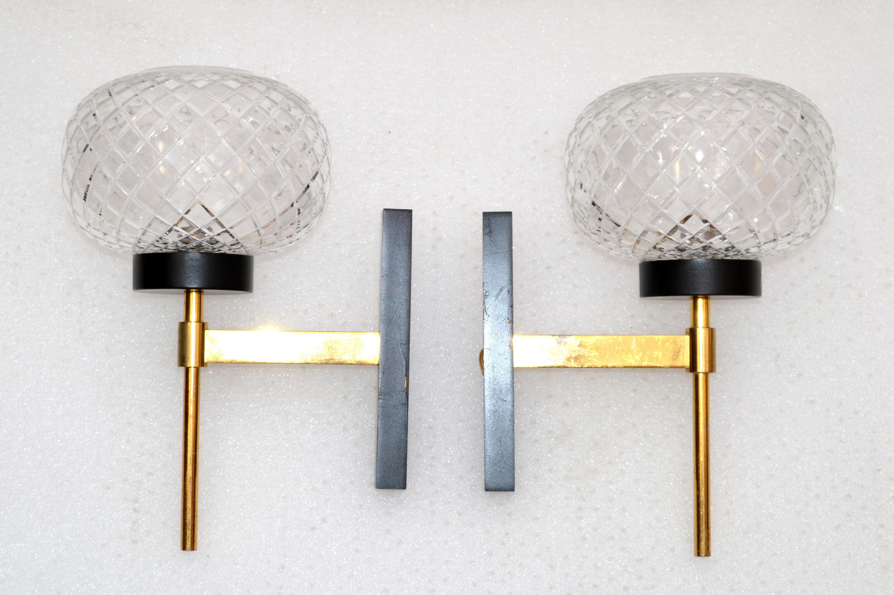Mid-Century Modern Jean Perzel Style French Sconces Brass and Black Finish Cut Glass Shade, Pair For Sale