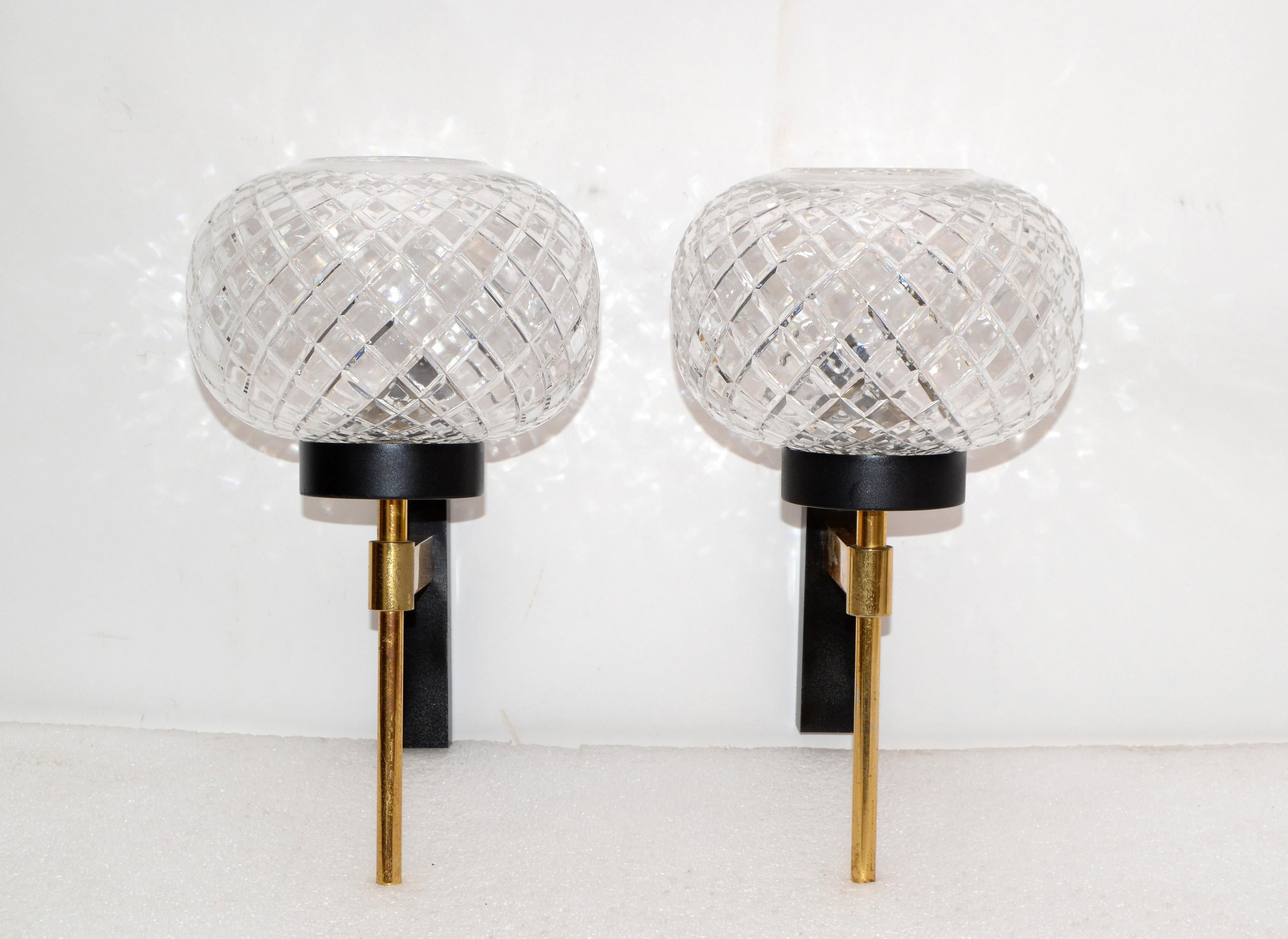 Mid-20th Century Jean Perzel Style French Sconces Brass and Black Finish Cut Glass Shade, Pair For Sale