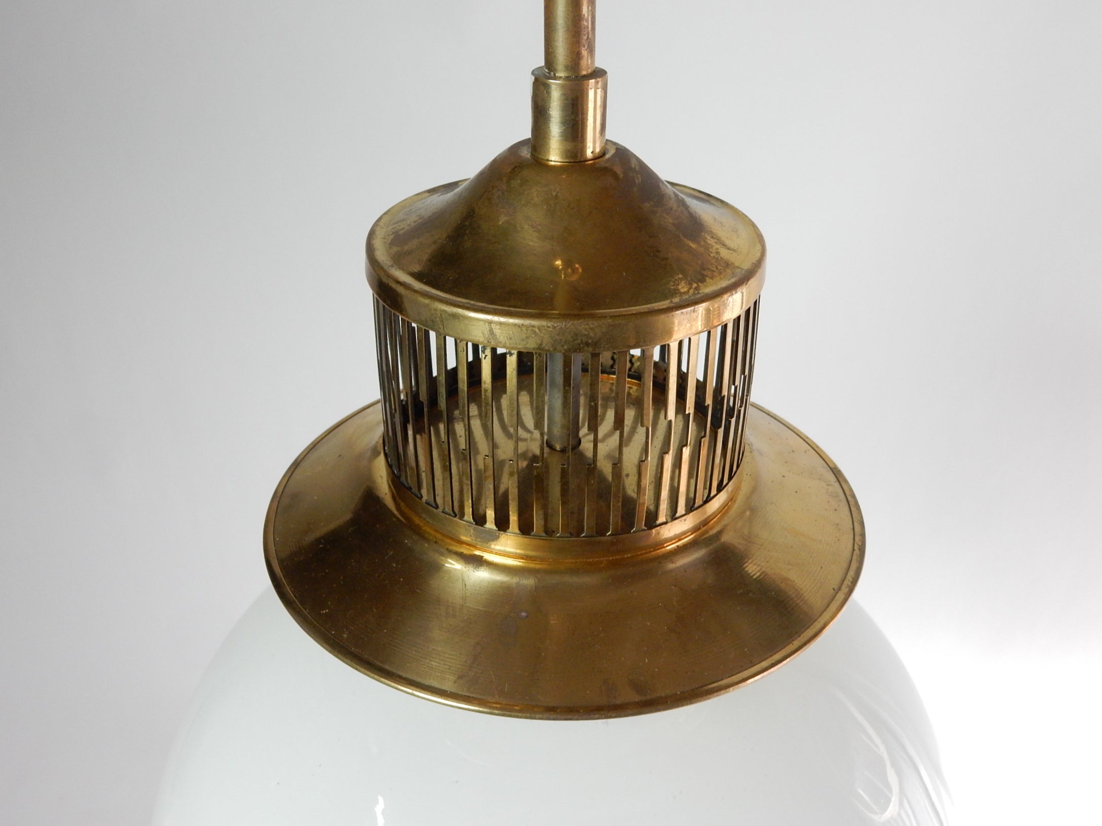 Mid-Century Modern Jean Perzel Style Brass & Milk Glass Pendant Lamp For Sale