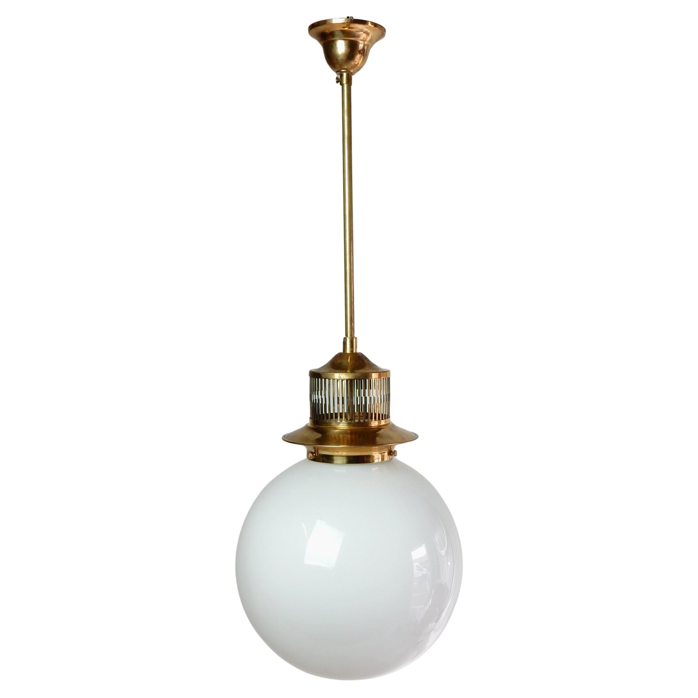 Jean Perzel Style Brass & Milk Glass Pendant Lamp For Sale