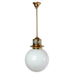 Retro Jean Perzel Style Brass & Milk Glass Pendant Lamp