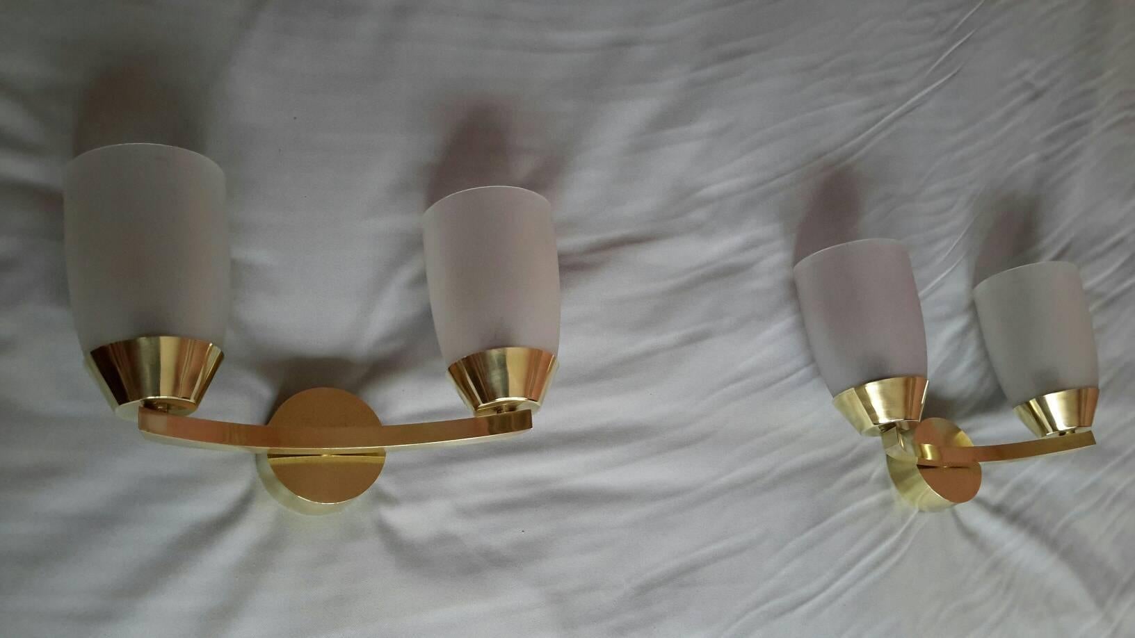 Frosted Jean Perzel Style Midcentury Brass Sconces, France, 1950s