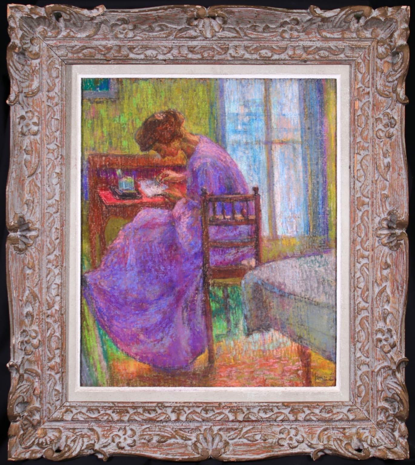 Femme à l'ouvrage - Post Impressionist Pastel, Figure in Interior by Jean Peske