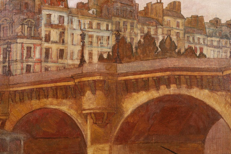 Paris - Pêcheurs sur la Seine - 20th Century Oil, Figures in Cityscape by Peske - Brown Figurative Painting by Jean Peske