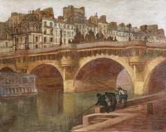 Paris - Pêcheurs sur la Seine - 20th Century Oil, Figures in Cityscape by Peske