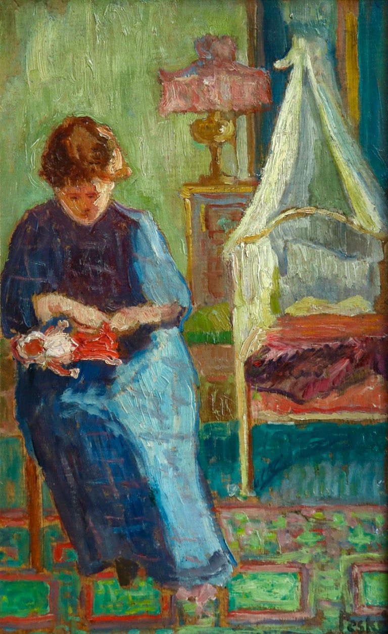 A lovely oil on panel circa 1910 by fauvist painter Jean Peske. The piece depicts a woman in a blue dress sitting by a crib in a nursery, repairing a red doll which she holds in her lap. Signed lower right.

Dimensions:
Framed: 22"x16"
Unframed: