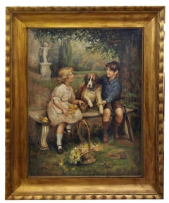 CHILDREN WITH DOG - English School - Italian Figurative Oil on canvas Painting
