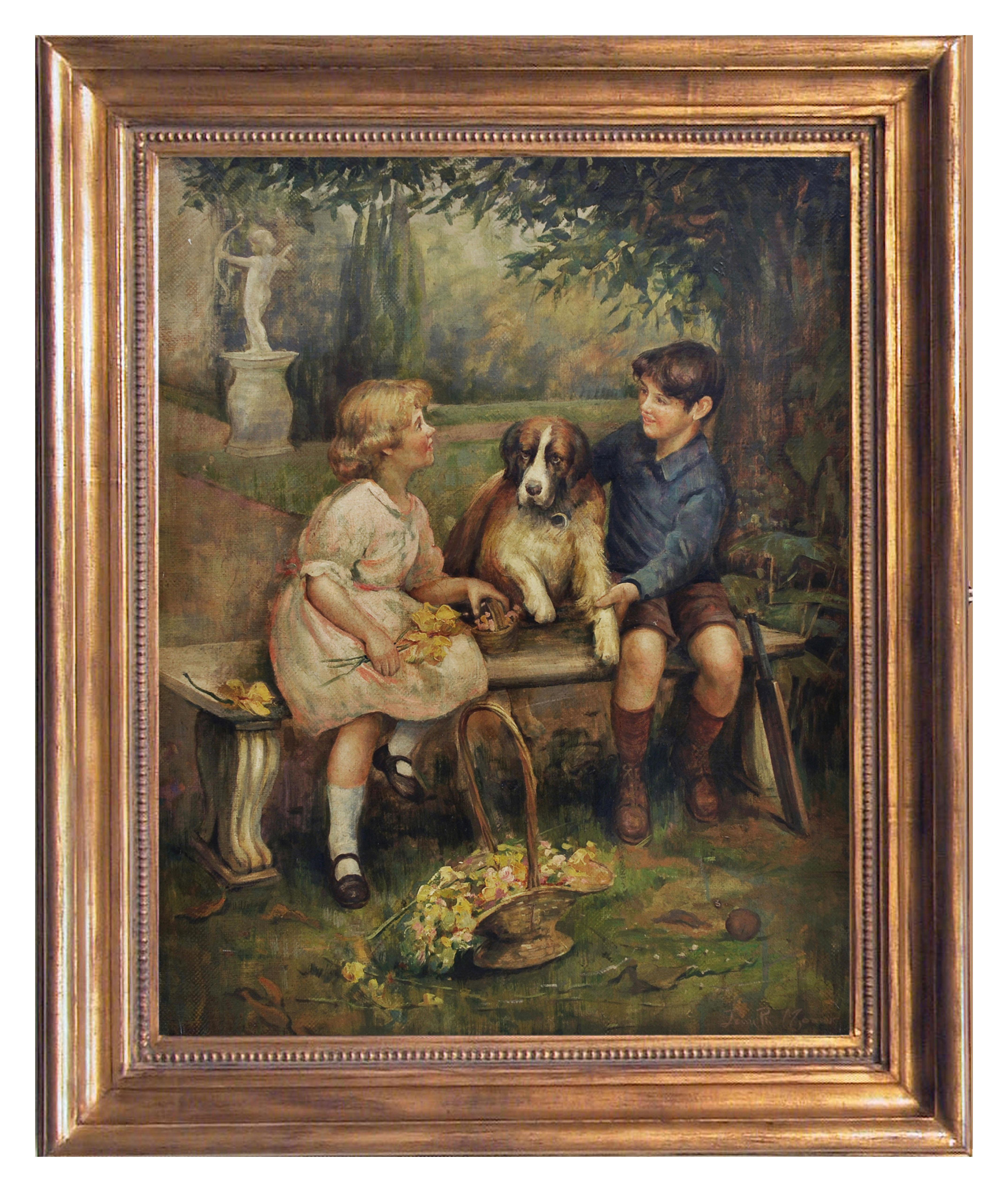 Jean Philipe Moreno Animal Painting - CHILDREN WITH DOG - English School - Italian Figurative Oil on canvas Painting