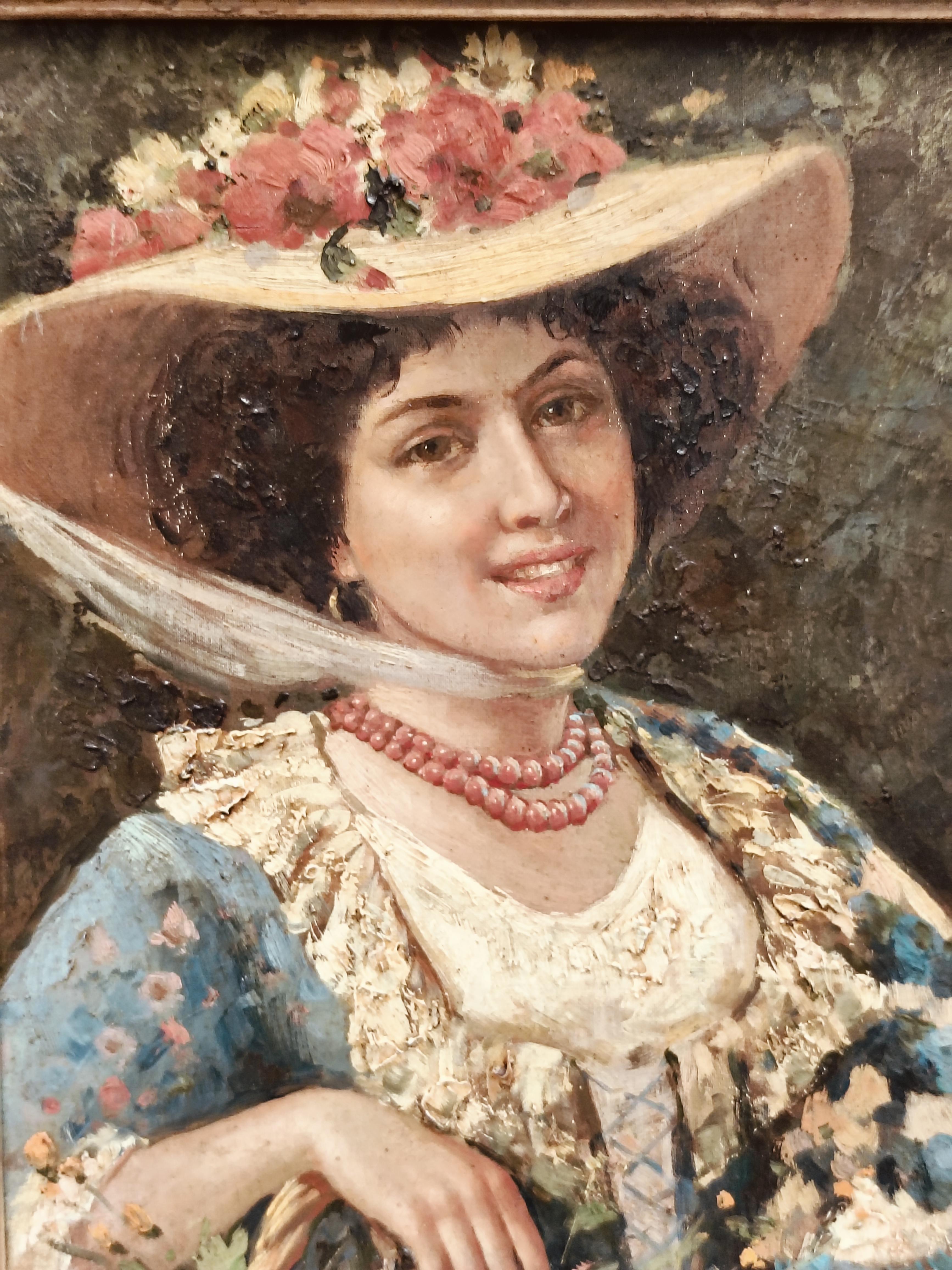 RETRATO DE PRIMAVERA- Impresionista de la Escuela Francesa - Pintura Italiana al Óleo sobre Lienzo en venta 2