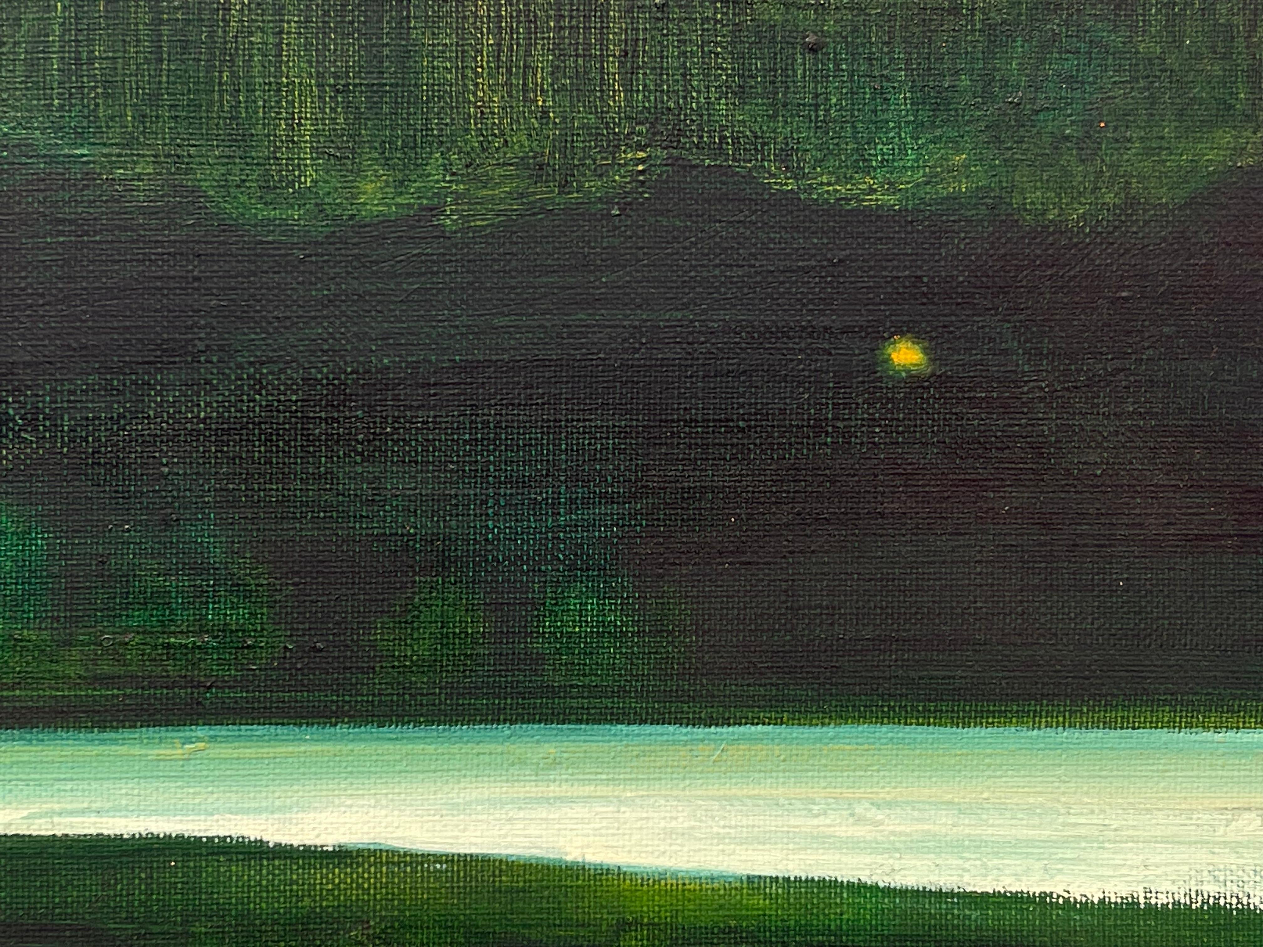 Diese großartige Leinwand ist ein Werk über Zeit und Erinnerung. Vor einem Nebelhintergrund, einer zeitlosen, schwebenden Landschaft, steht eine lebendige Gestalt und schaut zu. Ein Werk über das Unmittelbare und das Ewige, aus der Reihe 