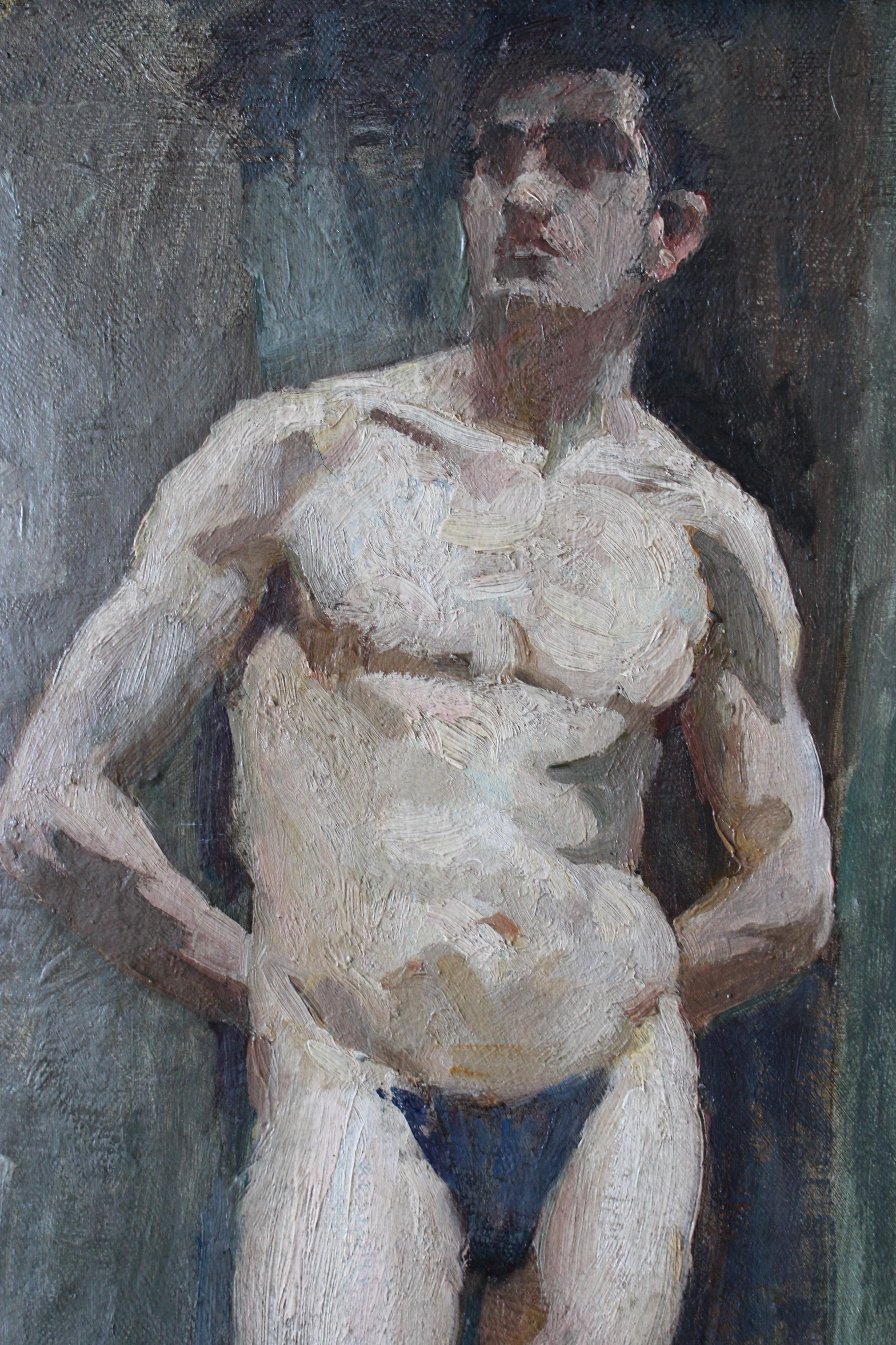 Antique French male nude man in thong oil painting by Jean Philippe Gayral For Sale 4