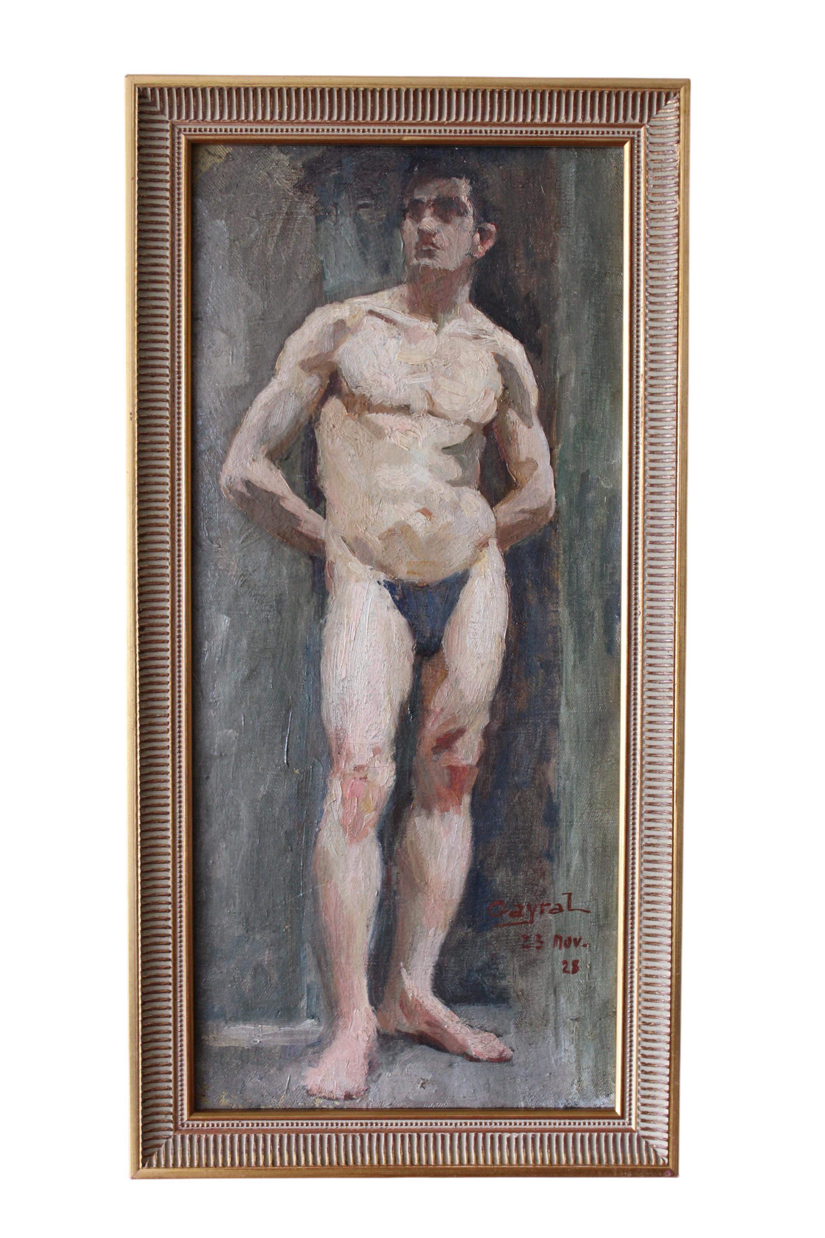 Captivating antique man in a thong signed and dated impressionist oil painting on canvas. Atmospheric vintage almost nude portrait oil painting of a man standing.  A man stands in a thong, he is most likely a model for class.  His body is scultured
