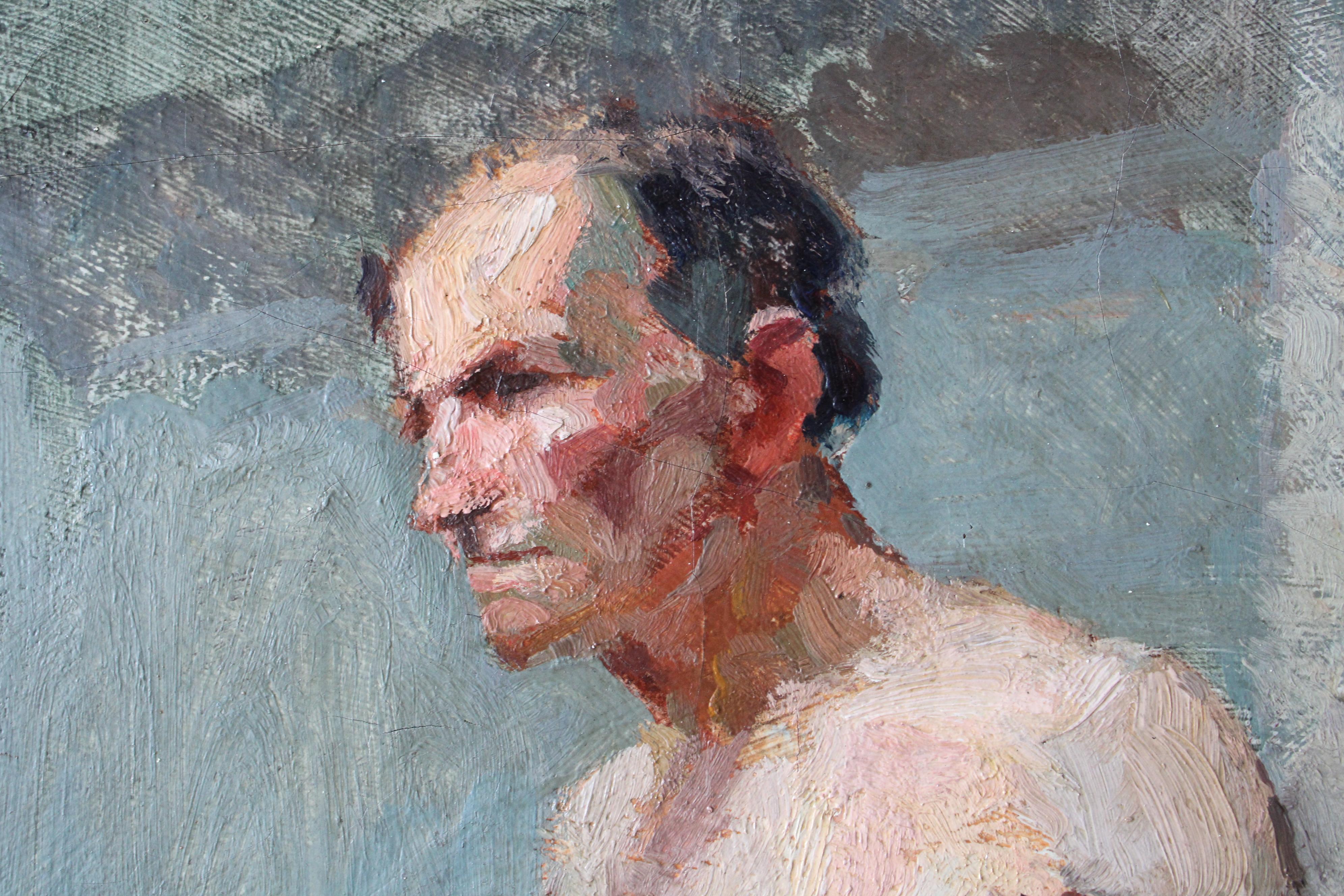 Peinture à l'huile ancienne homme nu 1920 portrait d'un homme en string impressionniste en vente 5