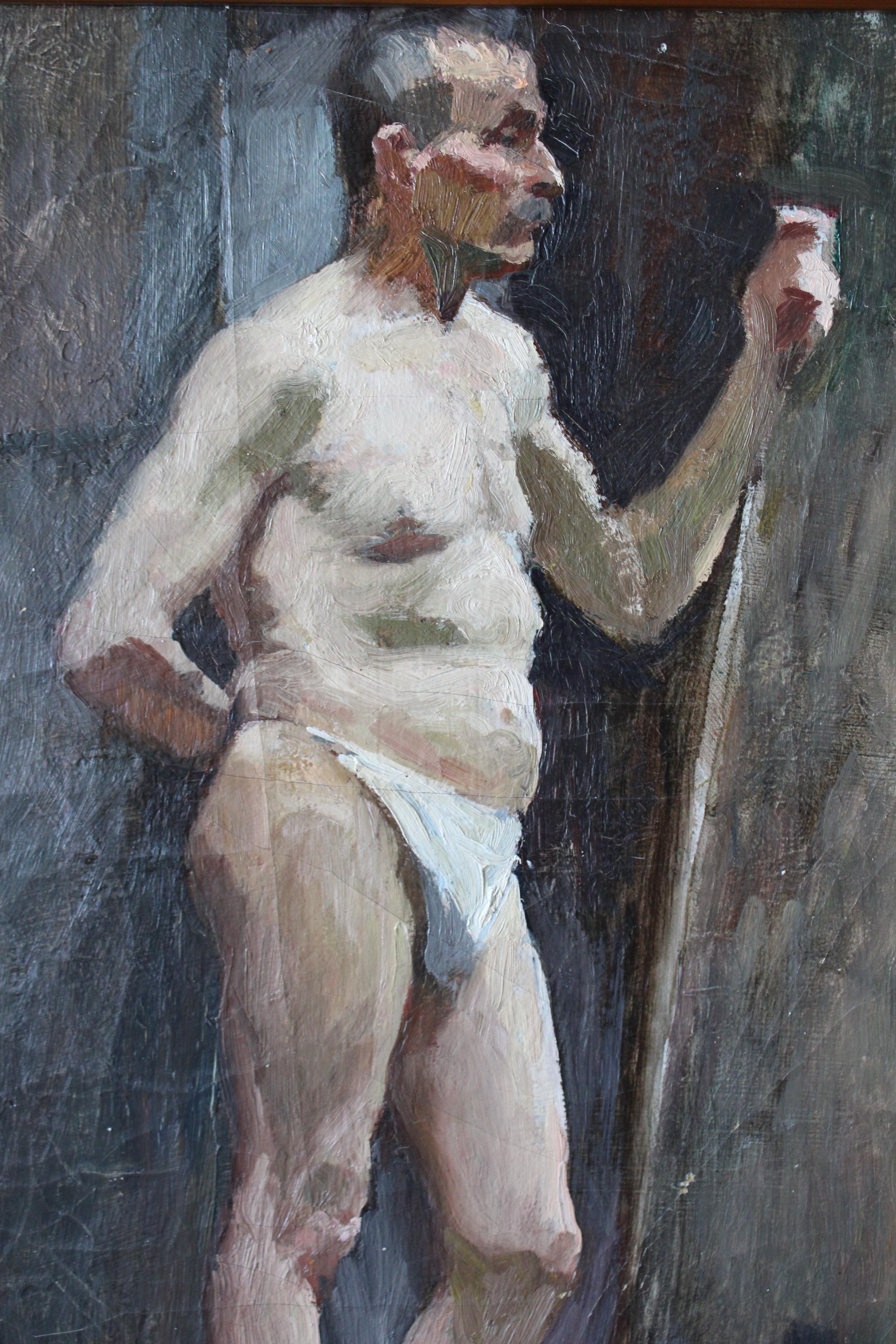 Peinture à l'huile ancienne homme nu 1920 portrait d'un homme en string impressionniste - Painting de  Jean Philippe Gayral