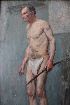 Antiguo hombre desnudo pintura al óleo años 20 retrato de un hombre en tanga impresionista