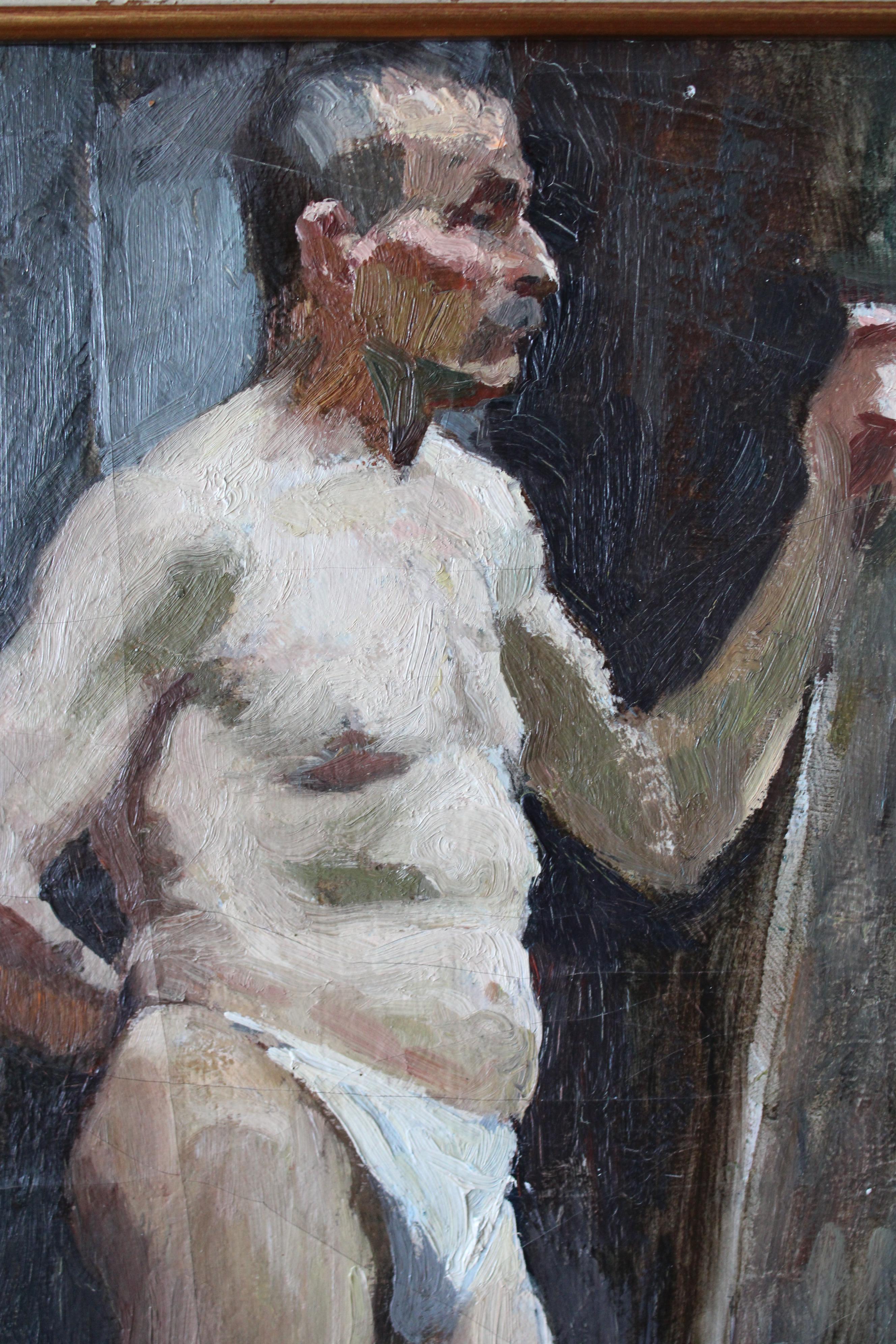 Peinture à l'huile ancienne homme nu 1920 portrait d'un homme en string impressionniste - École française Painting par  Jean Philippe Gayral