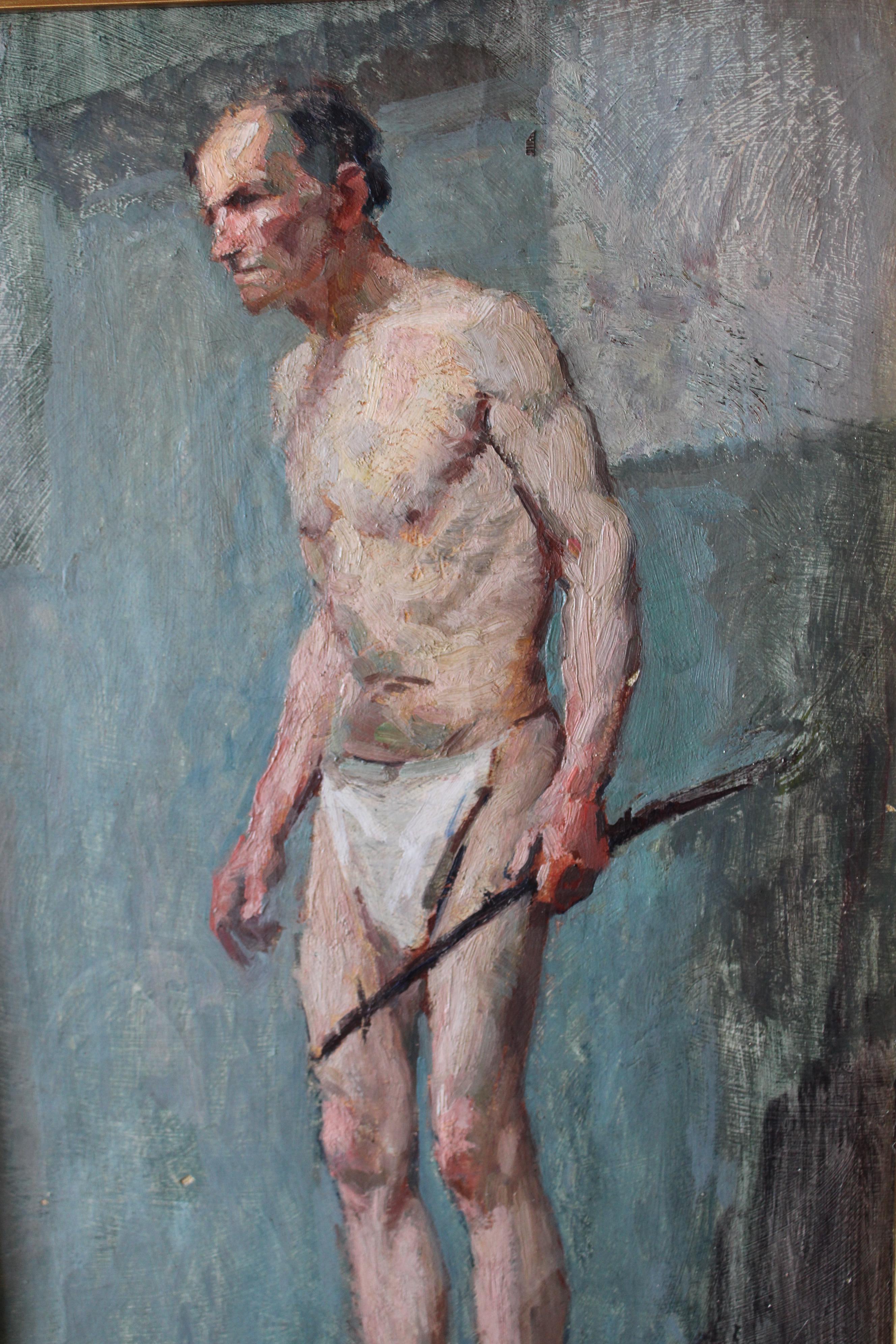 Peinture à l'huile ancienne homme nu 1920 portrait d'un homme en string impressionniste - École française Painting par  Jean Philippe Gayral