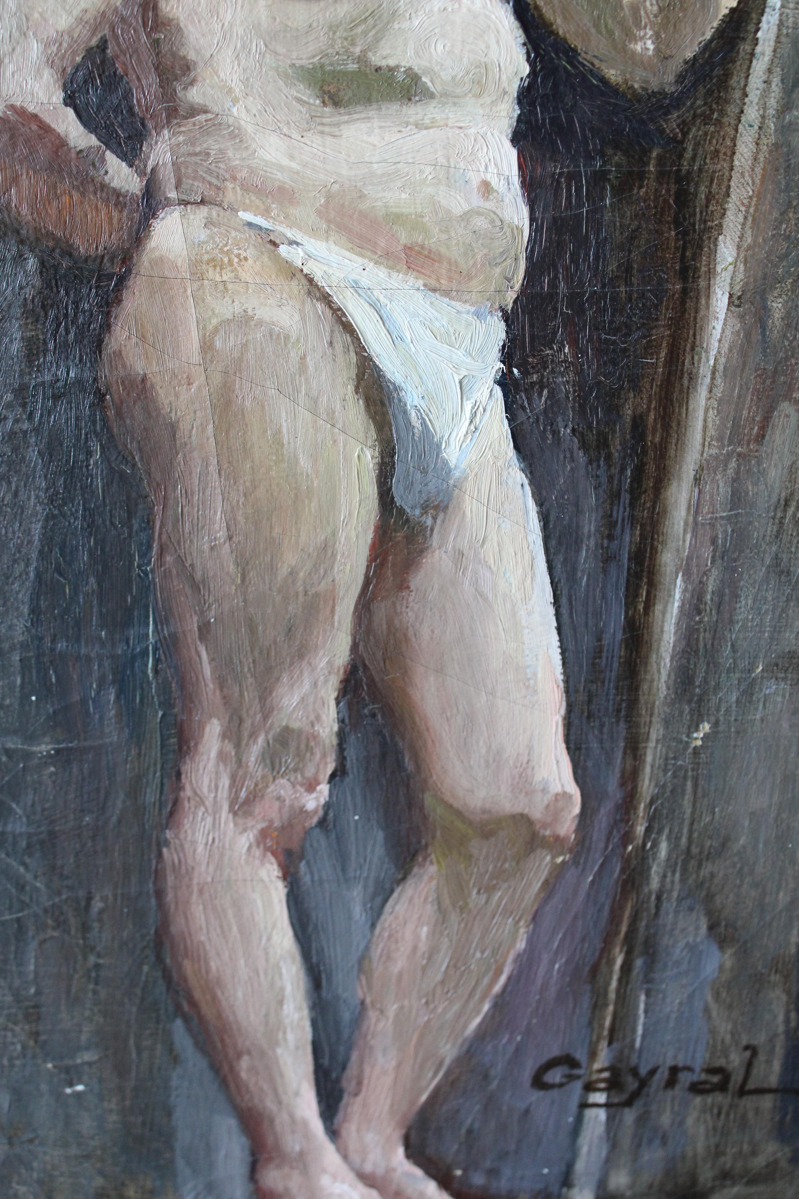 Peinture à l'huile ancienne homme nu 1920 portrait d'un homme en string impressionniste - Gris Nude Painting par  Jean Philippe Gayral