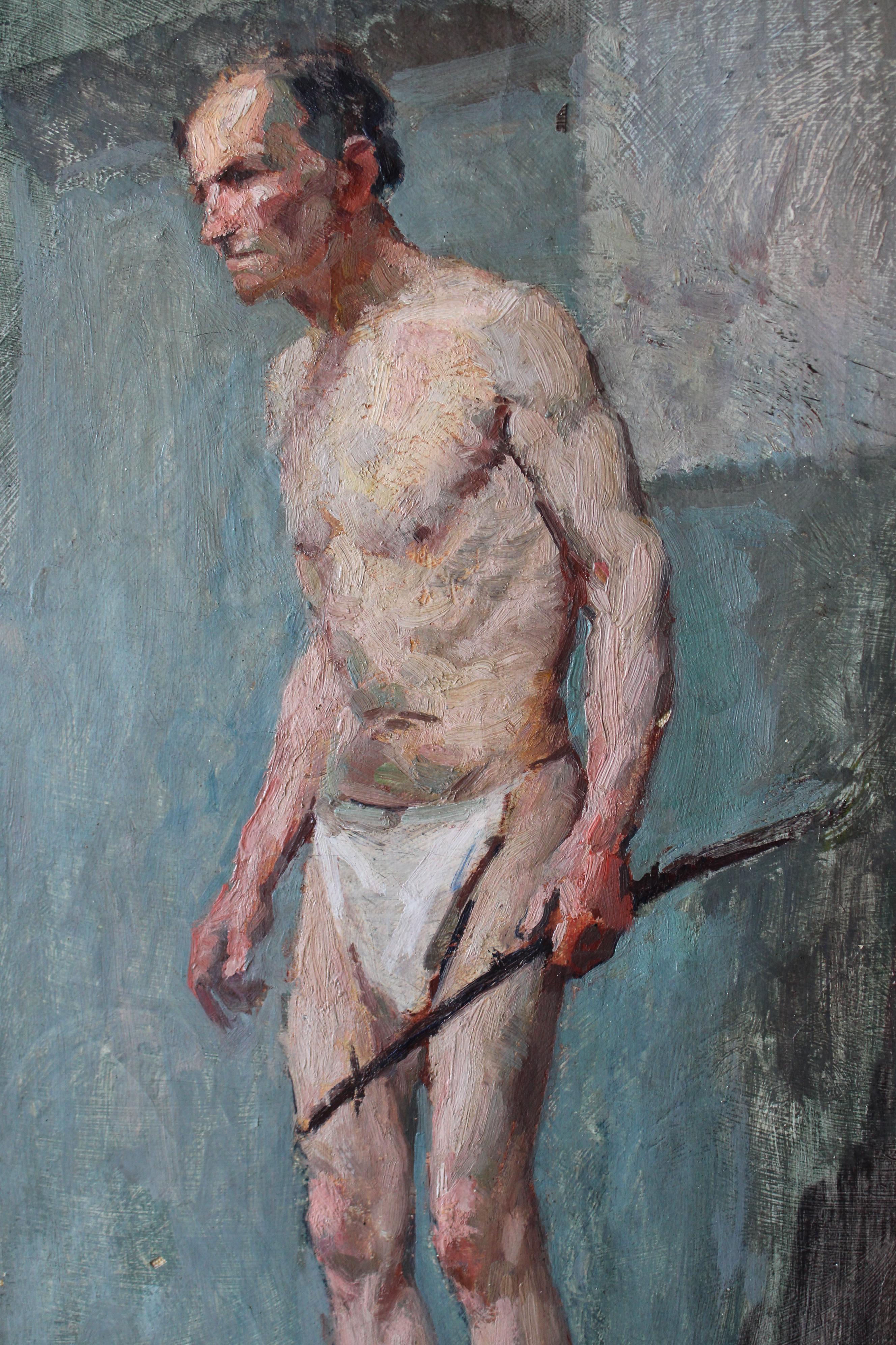 Peinture à l'huile ancienne homme nu 1920 portrait d'un homme en string impressionniste - Gris Nude Painting par  Jean Philippe Gayral