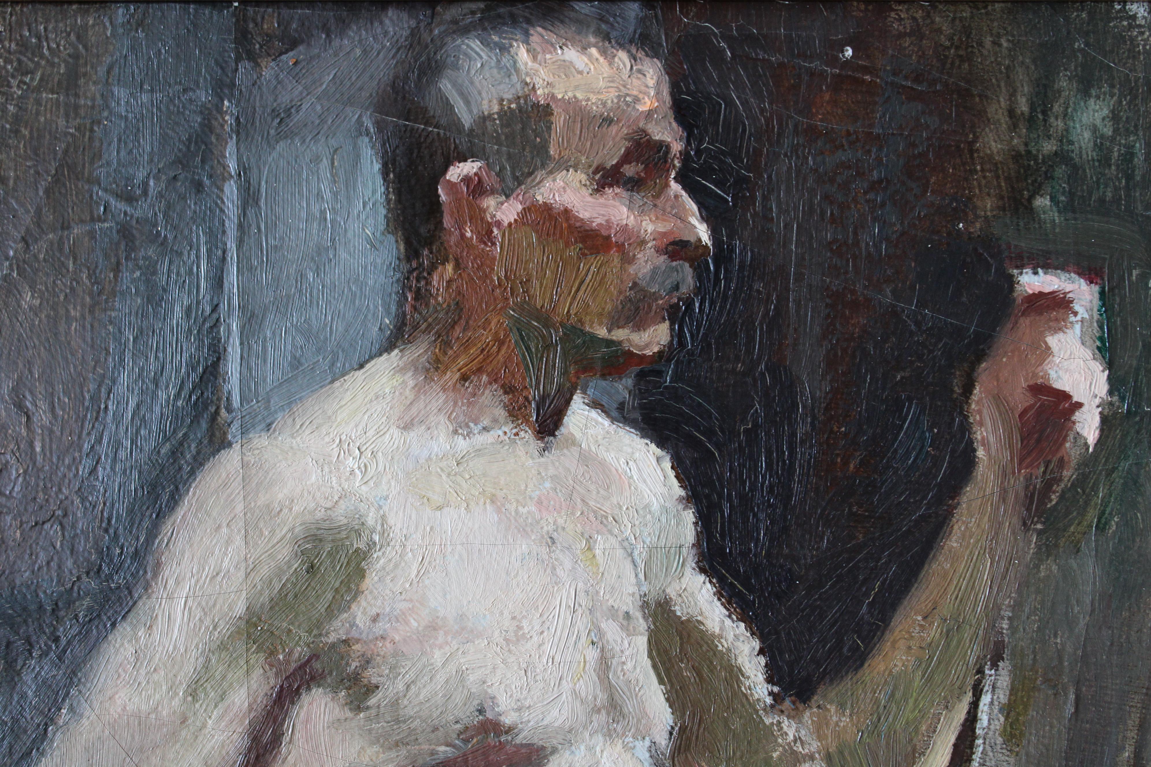 Captivant homme antique en string signé et daté, peinture à l'huile impressionniste sur toile. Atmosphérique vintage presque nue portrait peinture à l'huile d'un homme debout.  Un homme se tient debout en string, il s'agit probablement d'un
