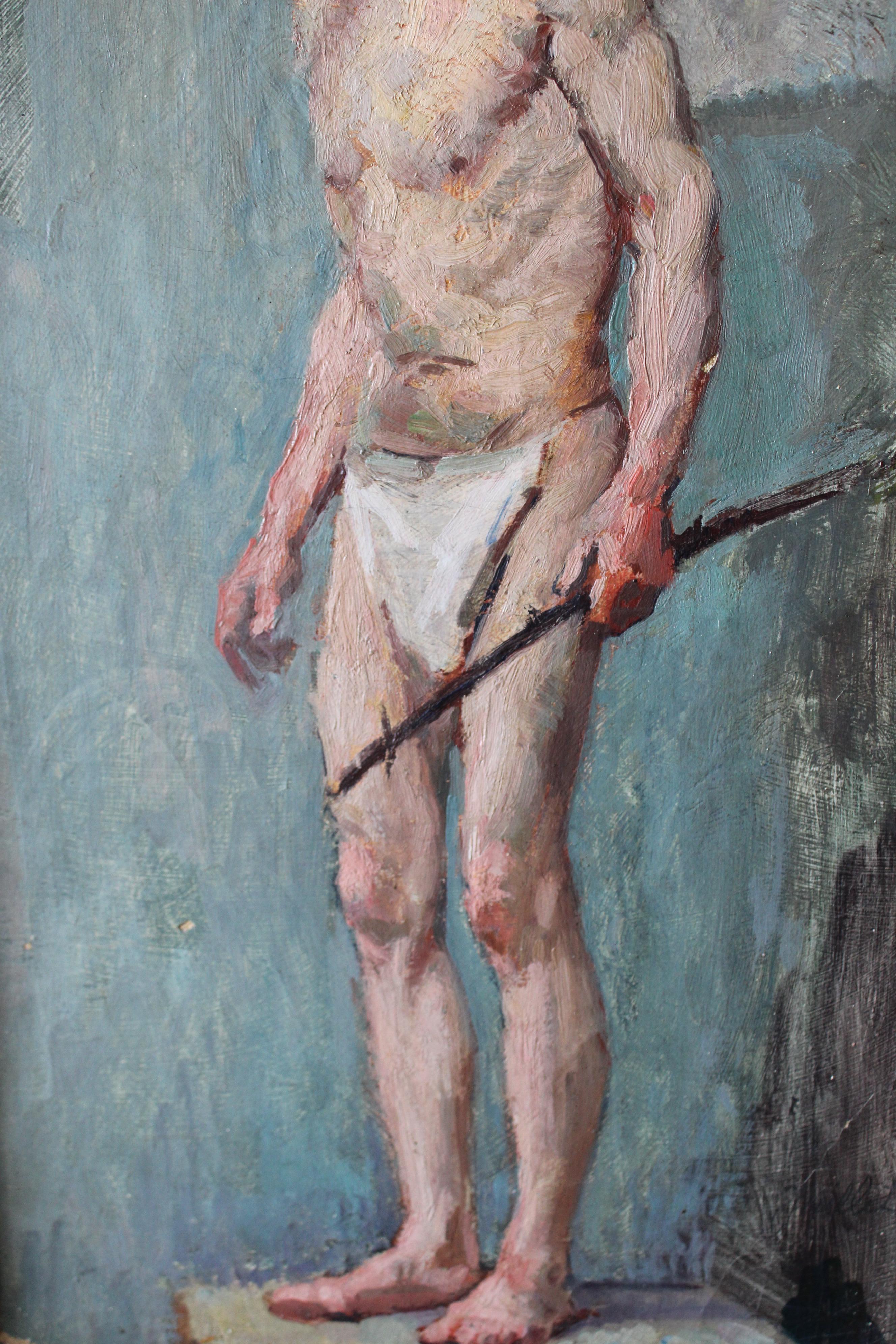 Captivant homme antique en string signé et daté, peinture à l'huile impressionniste sur toile. Atmosphérique vintage presque nue portrait peinture à l'huile d'un homme debout.  Un homme se tient debout en string, il s'agit probablement d'un