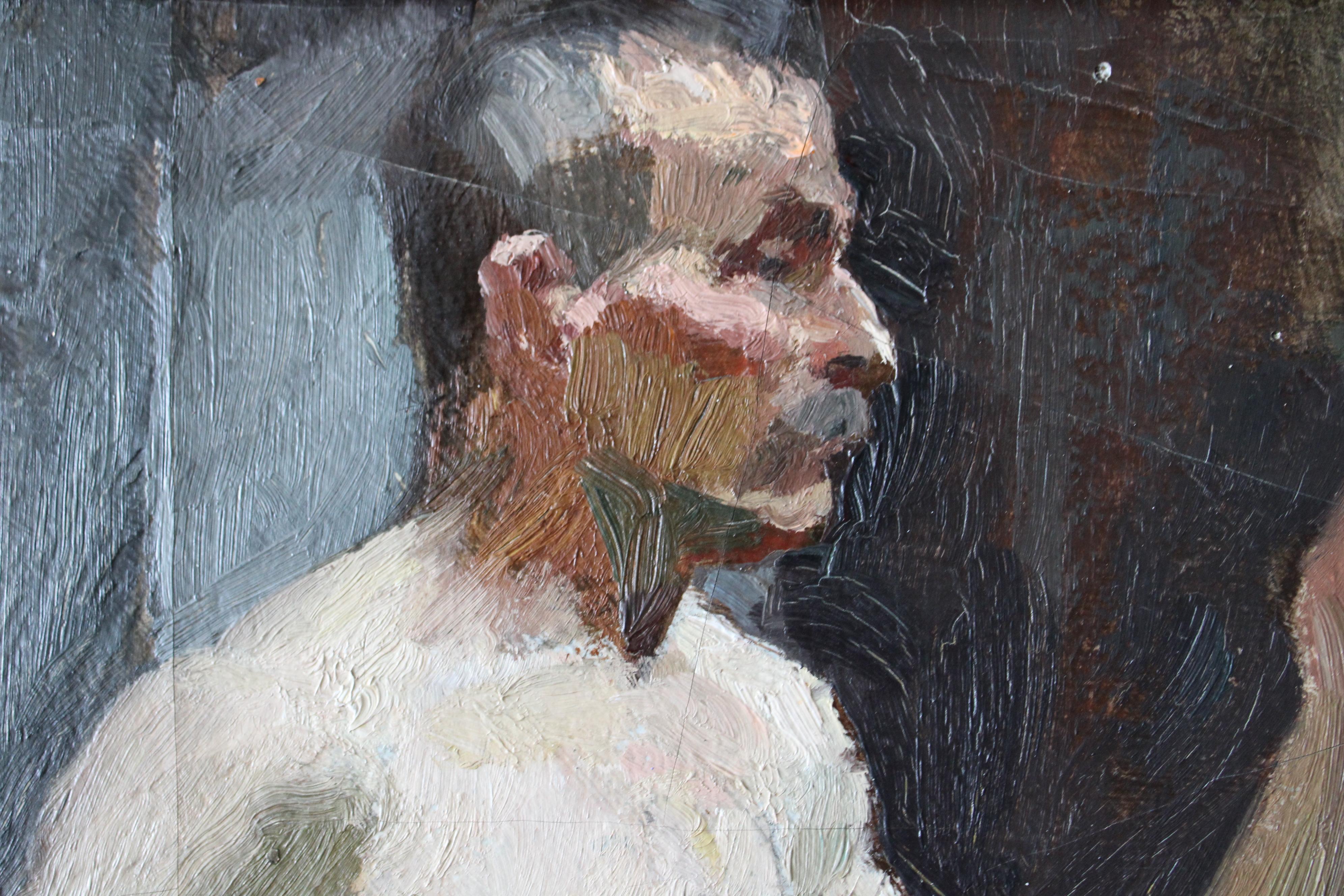 Peinture à l'huile ancienne homme nu 1920 portrait d'un homme en string impressionniste en vente 1